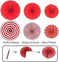 Vista 2 de ZERODECO Decoración de fiesta, 21 unidades de abanicos de papel colgantes rojos con pompones, flores, guirnaldas y banderines triangulares