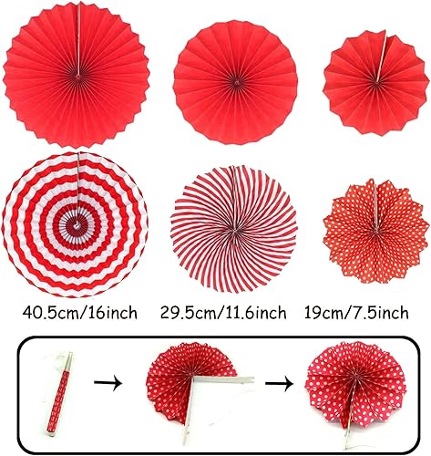 Miniatura 2 de ZERODECO Decoración de fiesta, 21 unidades de abanicos de papel colgantes rojos con pompones, flores, guirnaldas y banderines triangulares