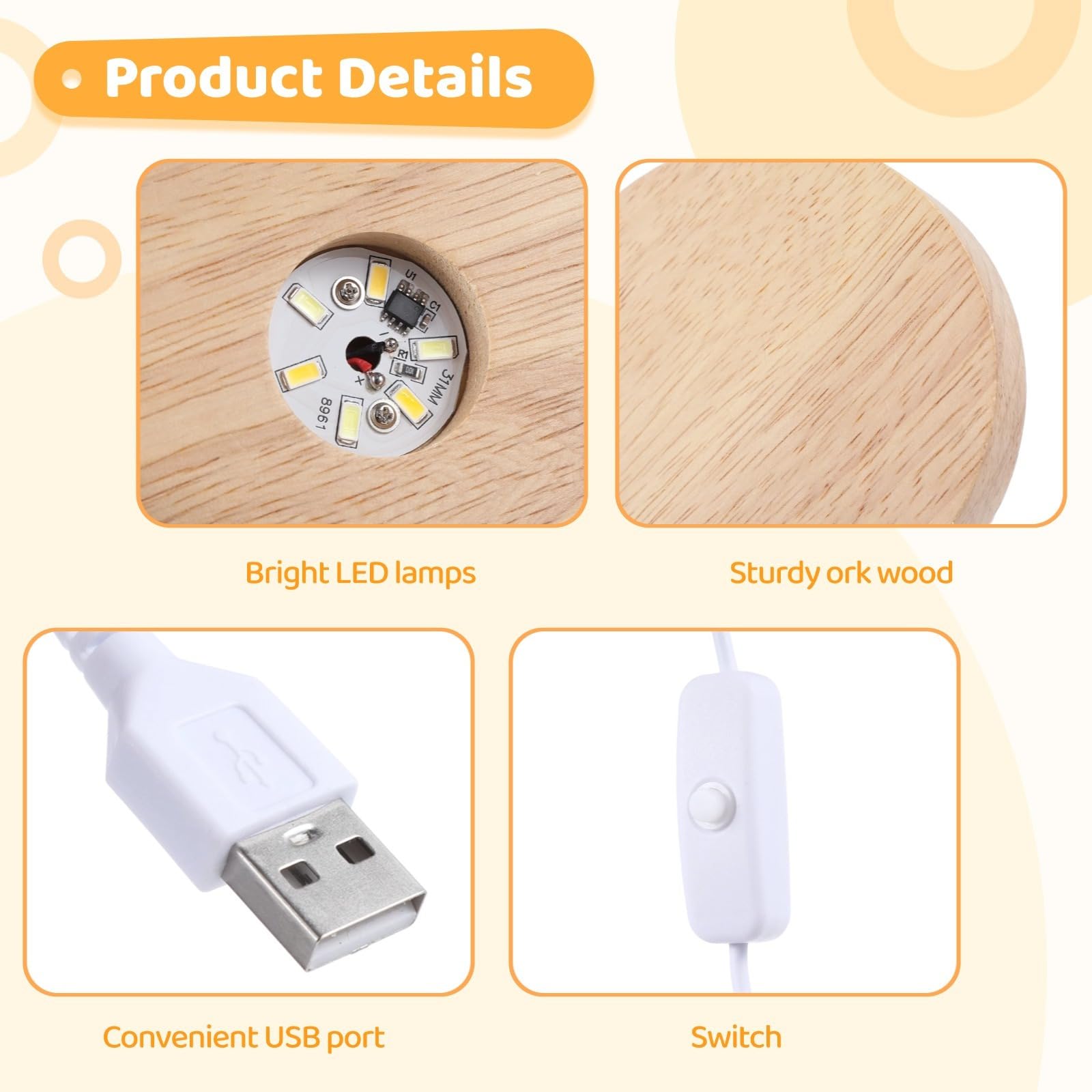 3 modalità di illuminazione, espositore in cristallo, alimentato tramite USB, decorazione per la casa, artigianato, vetro artistico per, basi luminose a LED in legno, 8 pezzi, altezza 2 cm
