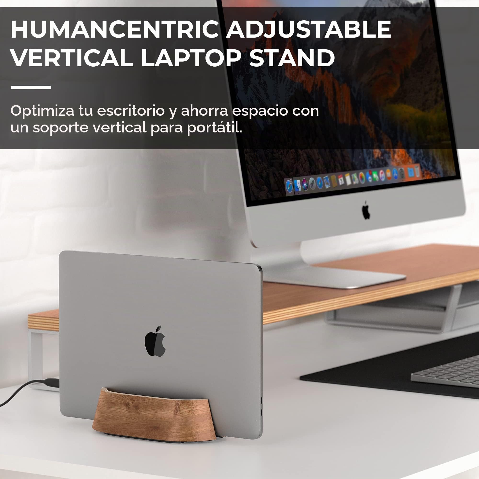 HumanCentric Soporte Vertical para Laptop – Soporte Ajustable y Muelle, Soporte Vertical para Laptop para MacBook Pro y Otros portátiles de 0.5 a 1.5 Pulgadas, Madera de Nogal Negro