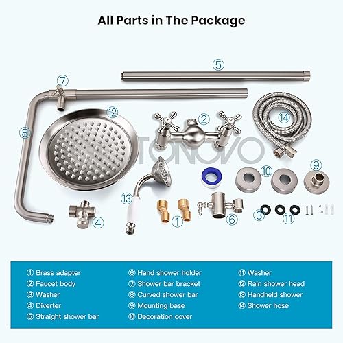 Miniatura 6 de Juego de grifo de ducha de níquel cepillado 8.0in, cabezal de ducha de lluvia 2 mango cruzado y pulverizador de mano montaje en pared accesorio de