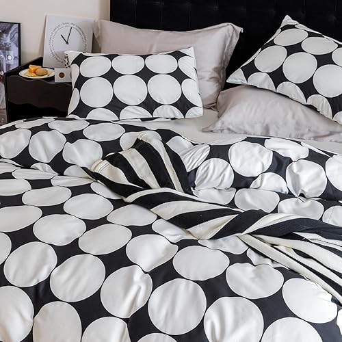 Miniatura 1 de SUSYBAO Funda de edredón de lunares blancos tamaño King, 100% algodón, funda de edredón blanca y negra, juego de 3 piezas, 1 funda de edredón con