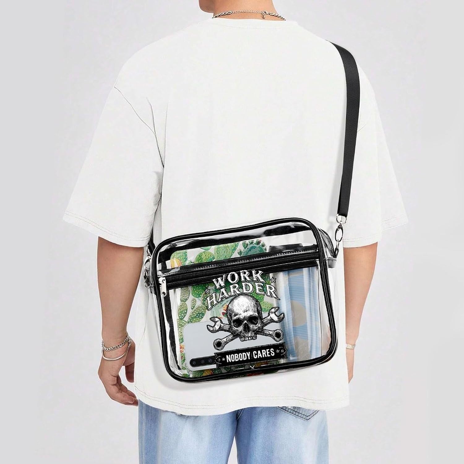 Work Harder Nobody Cares Clear Tote Bag Transparent Stadium Approved | crossbody,10*3.1*8.7",zippered closure,with adjustable strap