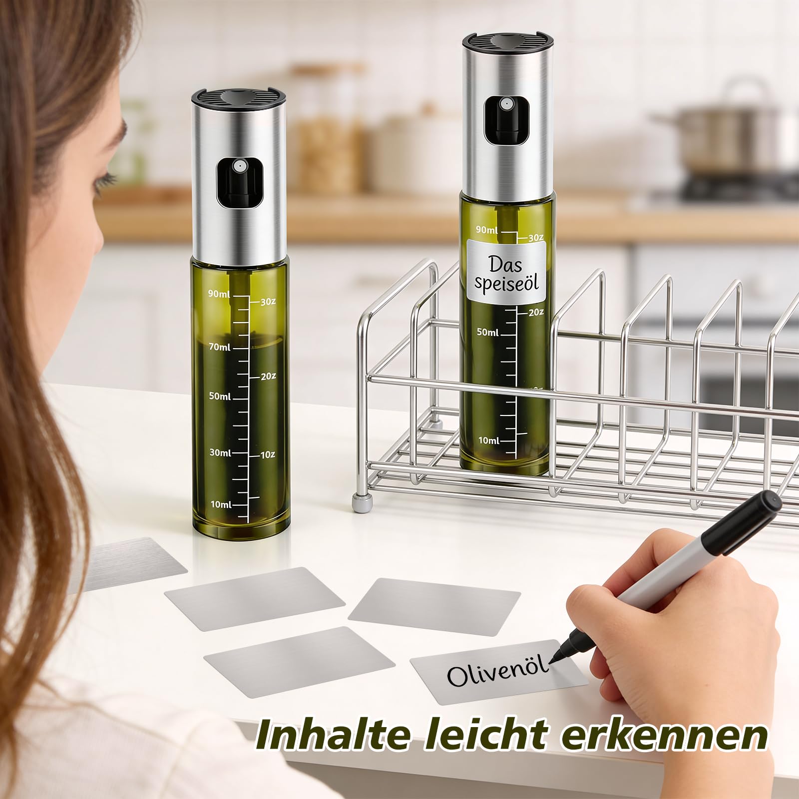 Sprühflasche Öl 2er Set, 2x100 ml Ölsprüher Glas aus UV-Schutzglas | Olivenöl Sprühflasche aus Glas für Speiseöl, feiner Sprühnebel, Ölspray Alternative für Heißluftfritteuse, Salat & Backen