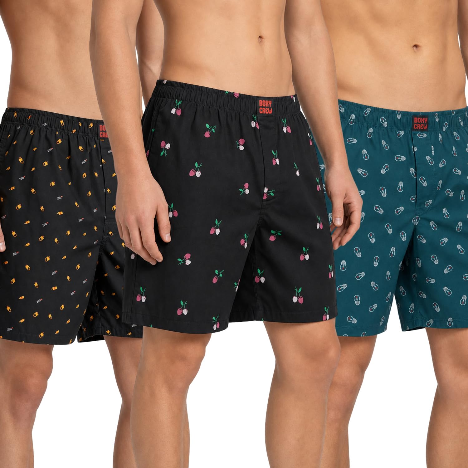 Men's 100% Cotton Printed Boxer Shorts Pack of 3 with Dual Side Pockets and Fabric-Covered Waistband - Black/Black/Teal, Styles MBX016, MBX024, MBX027-picture-56