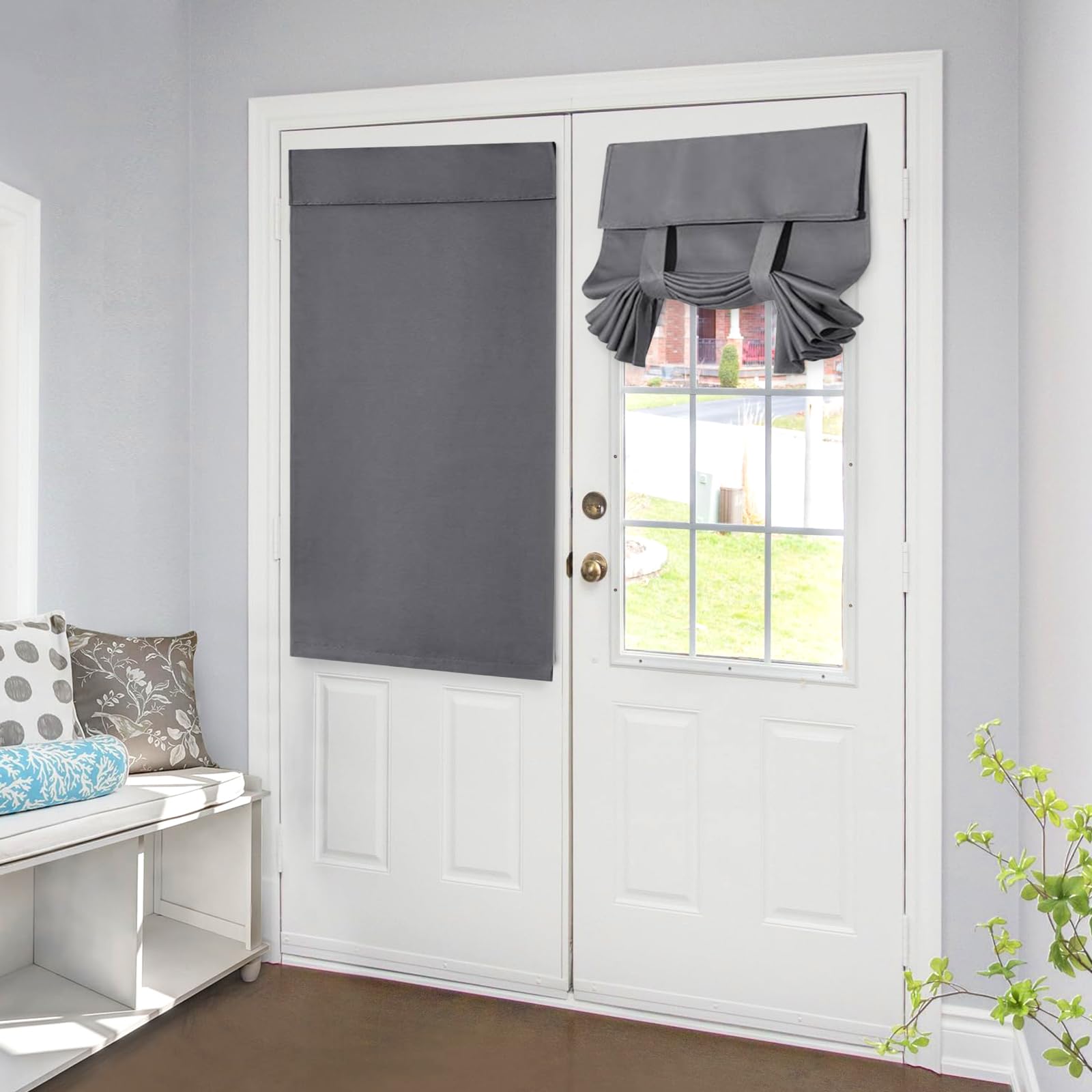 Cortinas Opacas de Privacidad para Puerta de Cristal, Cortina para Puertas Francesas Intimité, Cortinas Opacas Negras de Sin Perforaciones (Gris Oscuro, 66 x 102 cm)