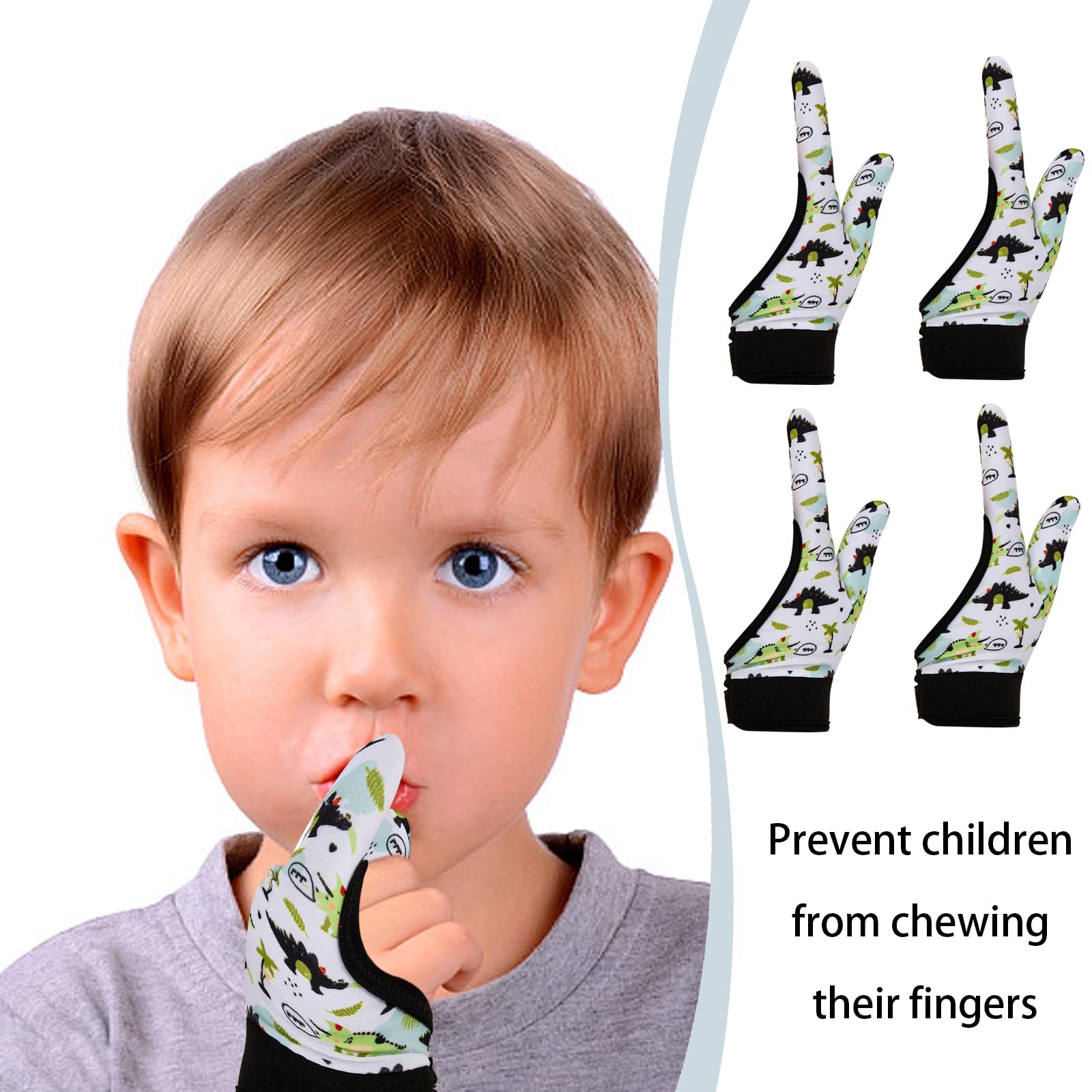 4 Pcs Thumb Sucking Guard Gloves,Kids Chewy Compression Glove,Kids Stop Thumb Sucking and Finger Biting for Ages 5-13 (Black Dinosaur#2) - Image 3