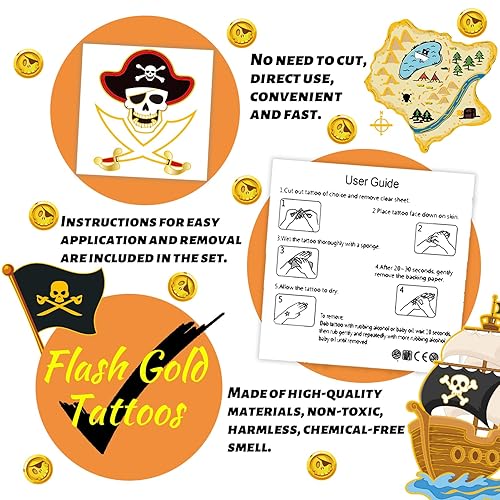 Miniatura 7 de winthrop 240 tatuajes temporales a granel de pirata con purpurina para niños, color oro destello envueltos individualmente, tatuajes de seguridad