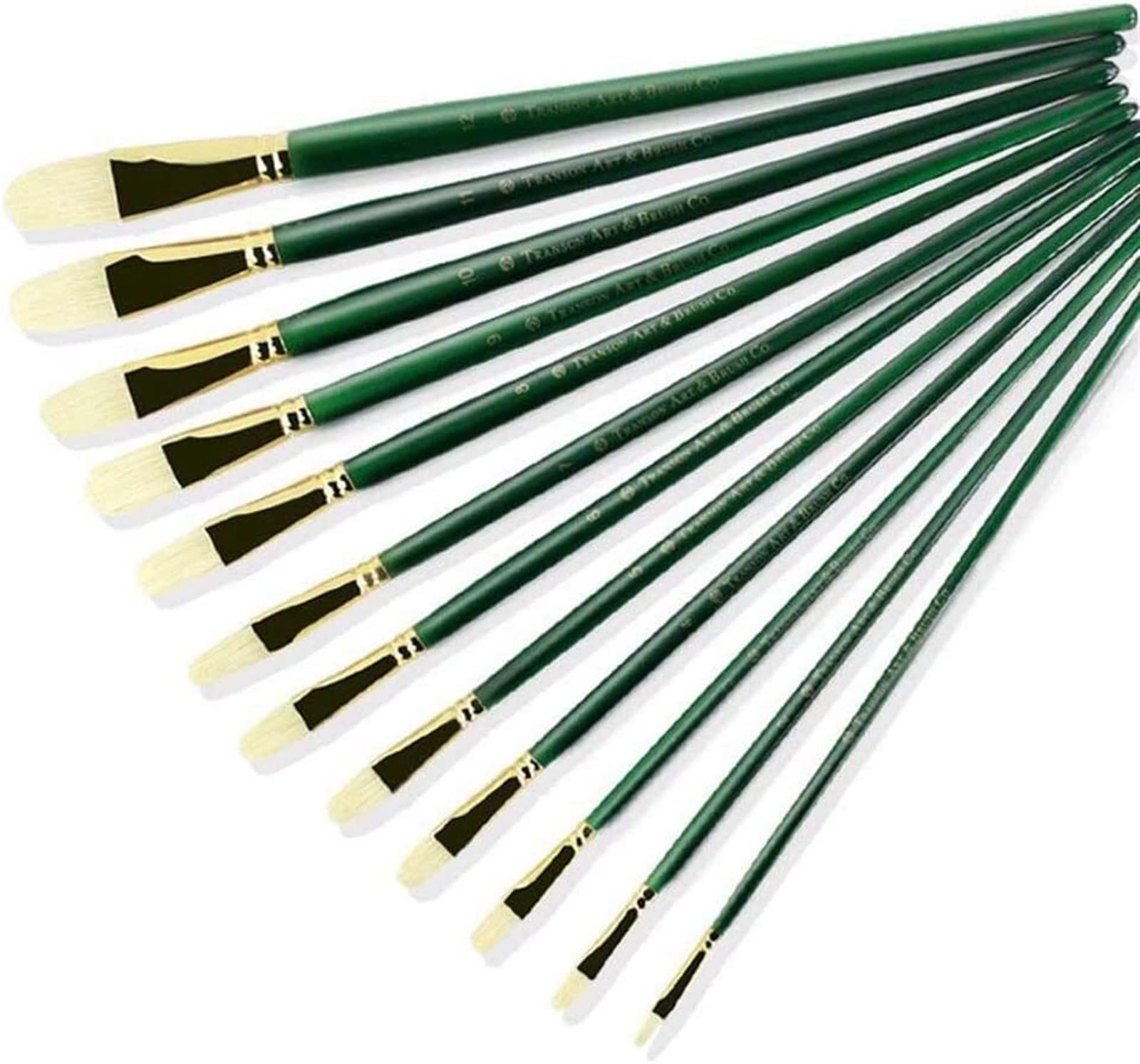 12pcs Verde Lungo Polo Manico Arte Pennello Set di pennelli con Forma Ovale setole di Maiale Capelli Fatti a Mano Penna Pennello Olio Pittura acrilica Arte