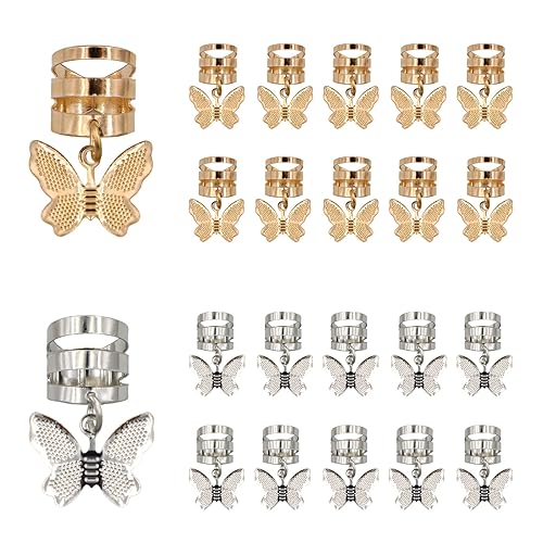 Miniatura 2 de 20 brazaletes de mariposa dorados y plateados para trenzas, rastas de mujer, anillos de aluminio, clips de metal ajustables, decoraciones para el