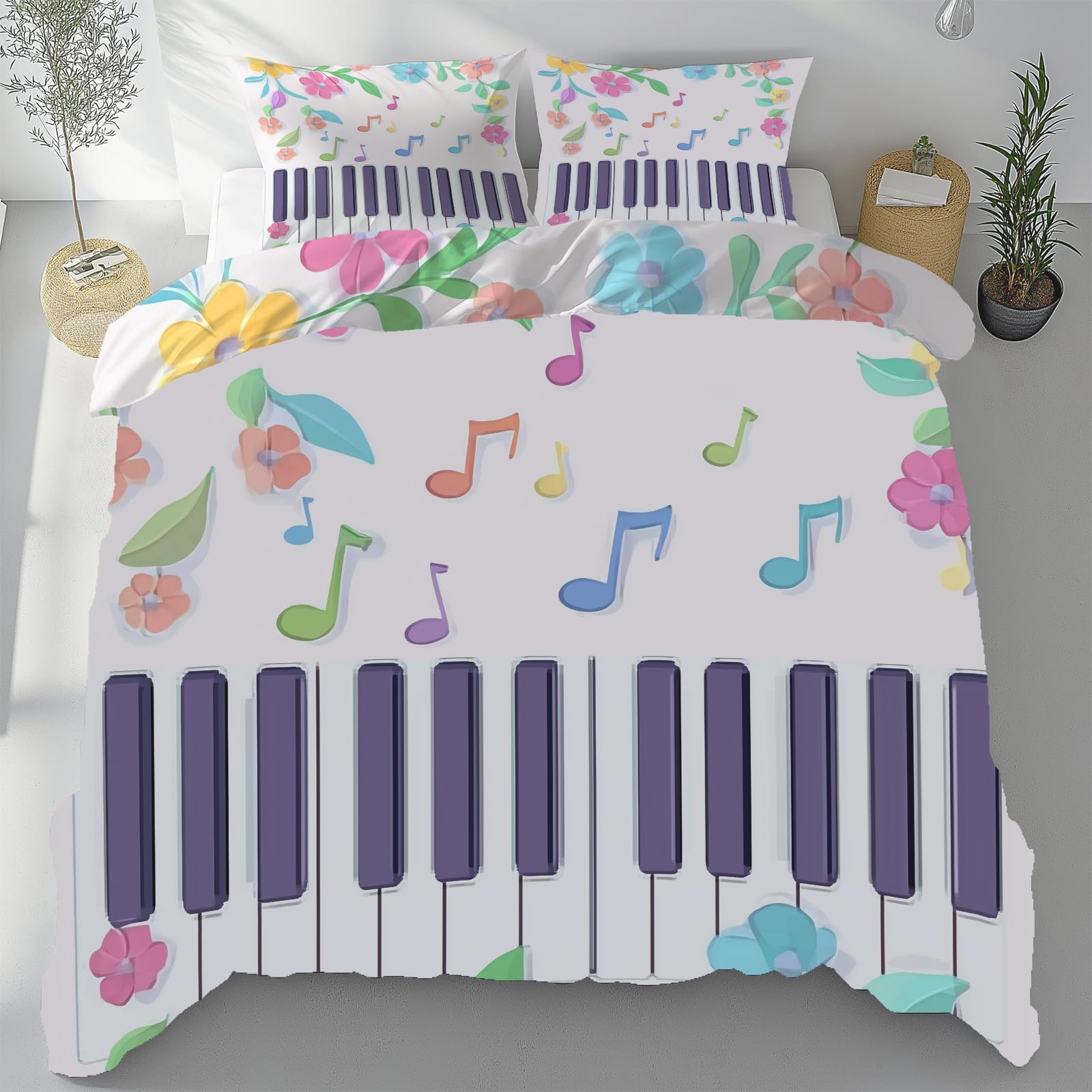 Parure de lit 240 x 260 cm piano en microfibre avec 2 taies d'oreiller