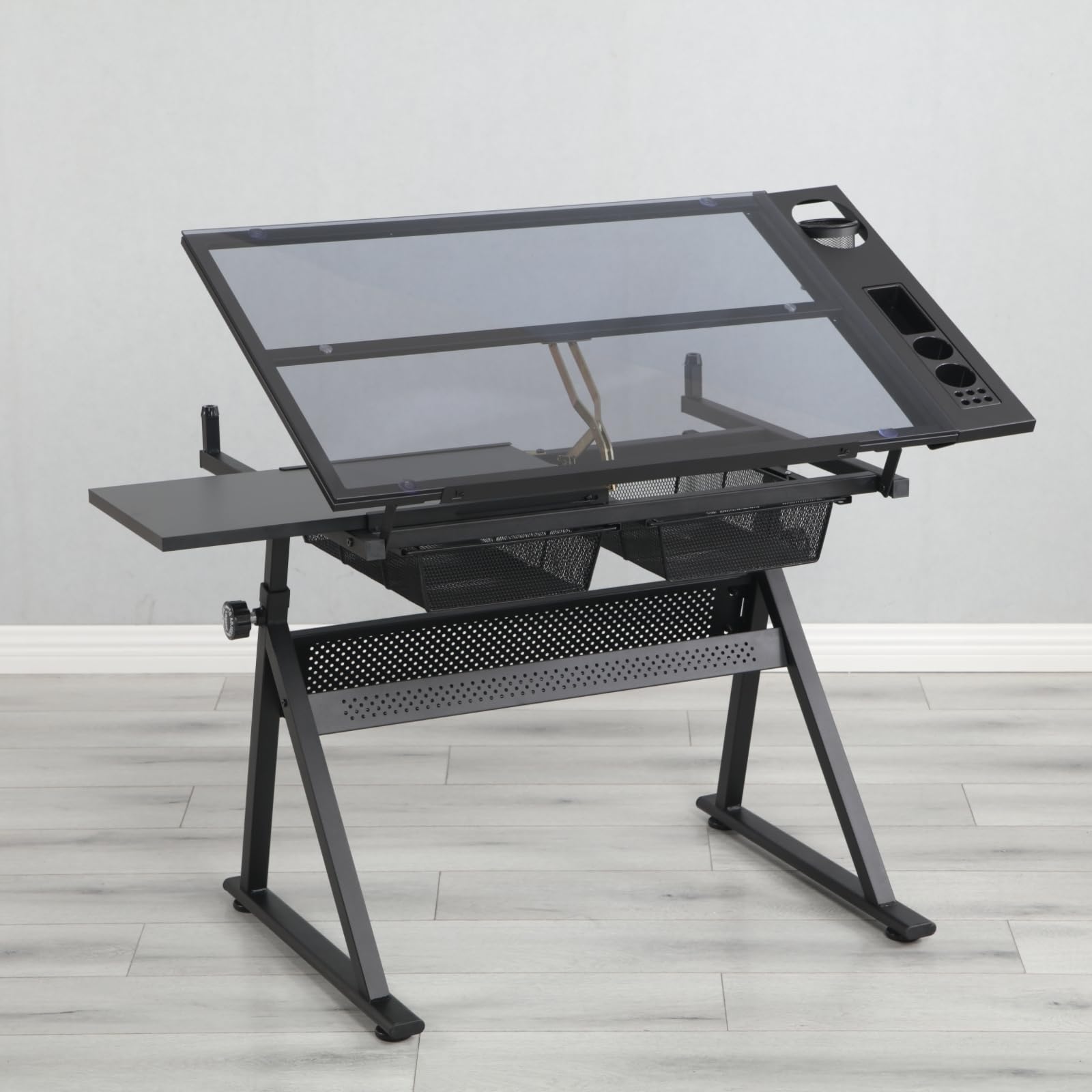 Mesa De Dibujo Con Taburete,Mesa De Pintura, Escritorio For Manualidades,Mesa De Trabajo Con Tablero De Vidrio Templado Inclinable,Escritorio De Pie Premium Ajustable En Altura For Proyectos De Bricol
