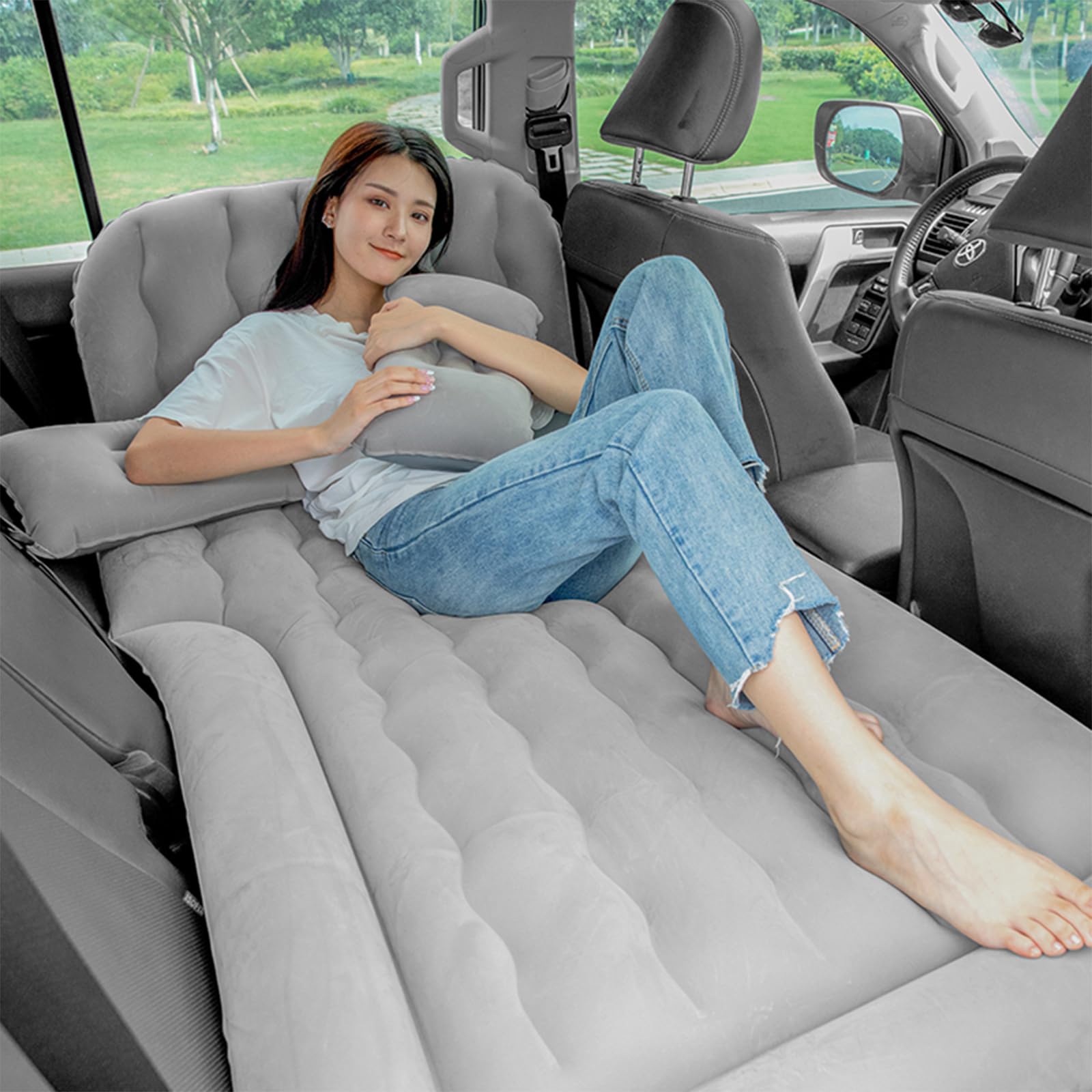 Boiland SUV Air Mattress Thickened and Double-Sided Flocking Travel Mattress,Inflatable Car Mattress with Electric Air Pump and 2 Pillows,Car Sleeping Bed for Home, Outdoor and Travel(Grey)