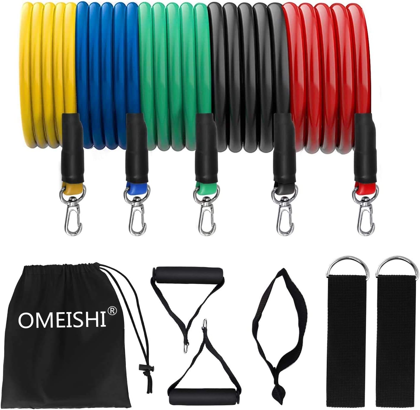 omeishi Resistance Bands Set (11pcs), Exercise Bands with Door Anchor, Handles, Carry Bag, Legs Ankle Straps for Resistance Training, Physical Therapy, Home Workouts