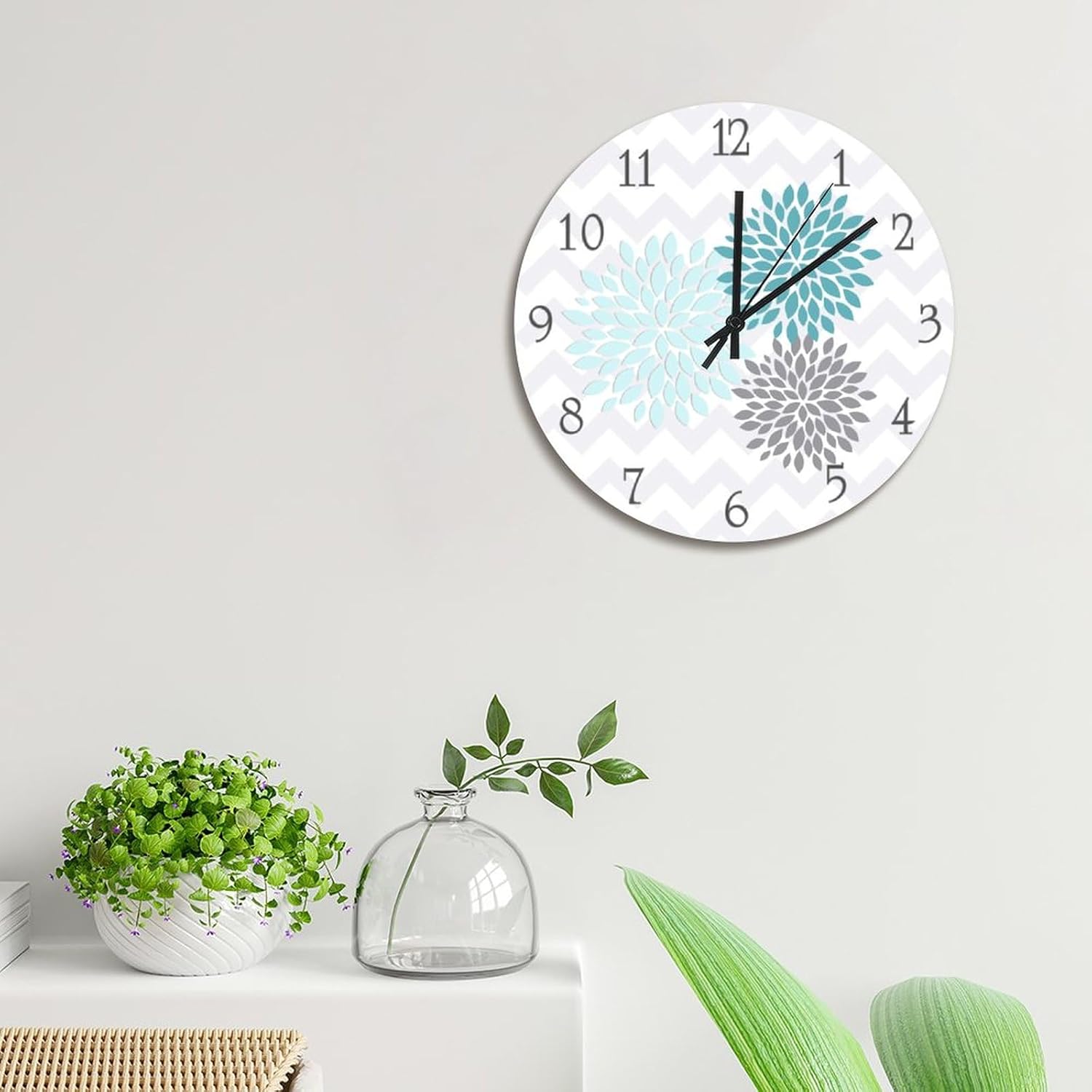 ArogGeld Teal Aqua Grey Wall Clock Dahlia Flower Large Wooden Wall Clocks Battery Operated 15 Inch Quiet Non-Ticking Farmhouse Hanging Clock Modern Wall Decor for Living Room Kitchen Bedroom Office