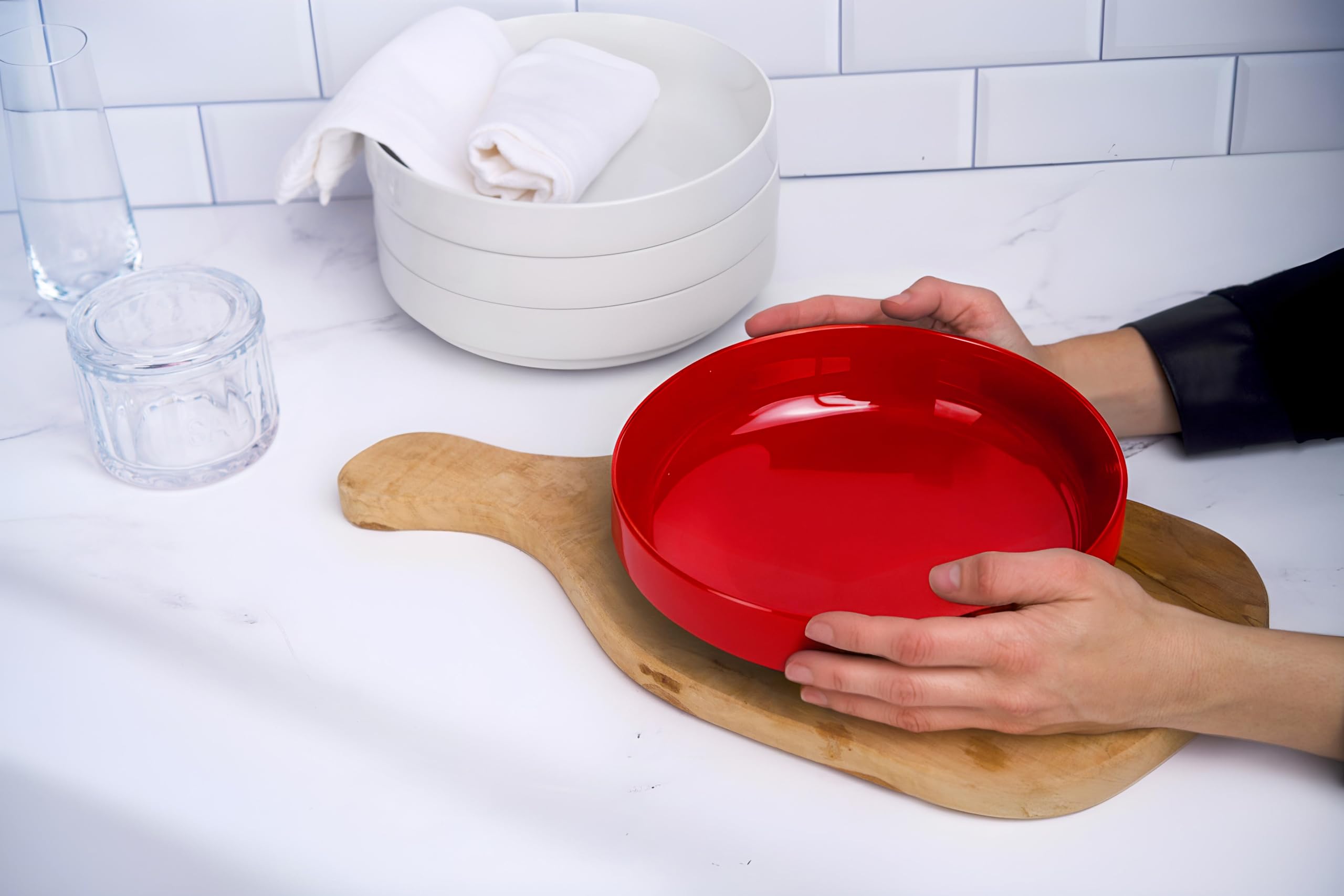KooK Cuencos grandes de cerámica para pasta, aptos para microondas y lavavajillas, ideales para sopas y ensaladas, cuencos poco profundos, porcelana brillante, 48 onzas, juego de 4, rojo cereza