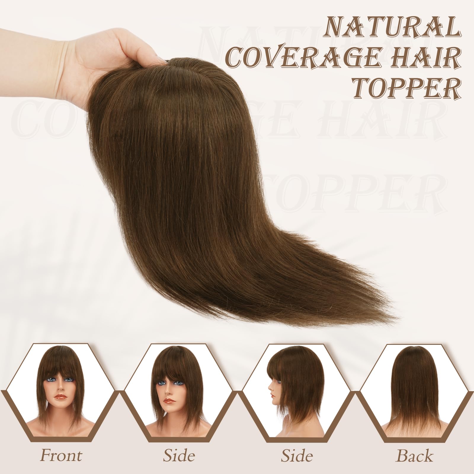 RUWISS Human Hair Topper with Bangs Crown Topper Hair Pieces for Women Short Wiglet Topper for Thinning Hair 7.5 * 13CM Silk Base 100% Real Human Hair Clip in Topper 14Inch 45g(Medium Brown 1) - Image 3