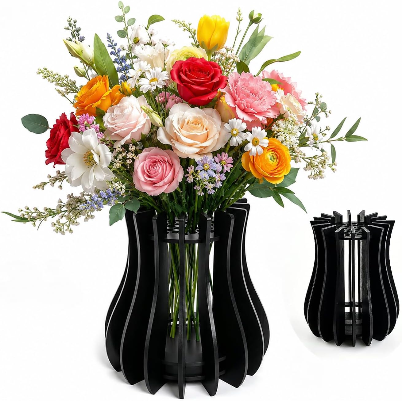 Wooden Vase for Lego Flowers – Creative DIY 3D Puzzle Display Stand for Artificial Rose and Botanical Building Sets – Unique Home Decor Gift for Flower Lovers (7.1" x 7.1" x 7.8") (Black)