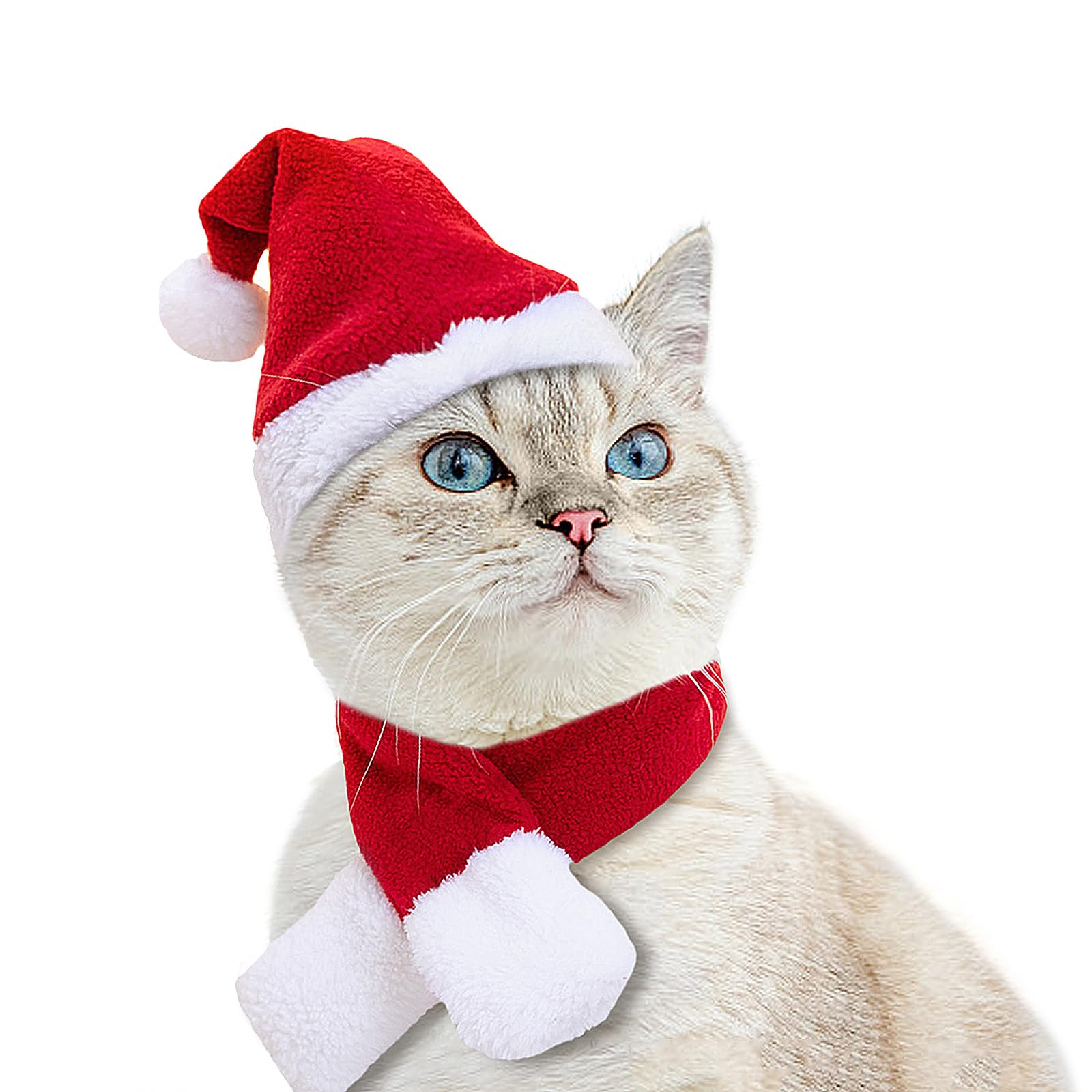 Enjoying Cat Christmas Costume, Santa Hat with Red Scarf for Cats Small Dogs, Rabbit Xmas Outfit, Pet Santa Claus Hat Scarf for Cold Day Head and Neck Warm, New Year Party Cosplay โ image 1