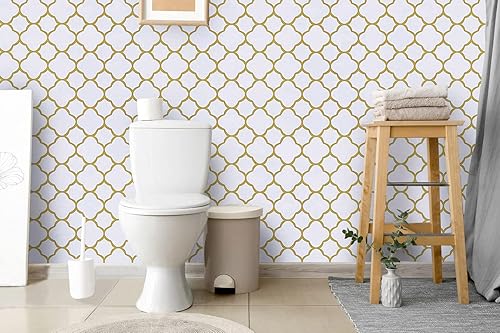 Miniatura 4 de Safiyya Papel tapiz de 393 x 17.7 pulgadas, papel adhesivo dorado blanco, autoadhesivo, extraíble, moderno, enrejado, dorado, para dormitorio,