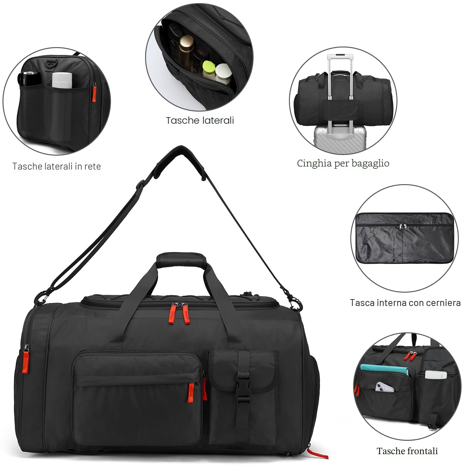 Borsa da Viaggio e Borsone Sportiva da Uomo 70L Grande Zaino Palestra con Porta Scarpe per Viaggio, Campeggio, Sport, Nero