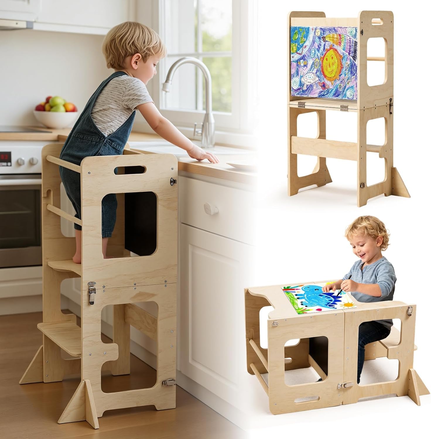 Labebe 4 in 1 Pieghevole Torre di Apprendimento Montessori per Bambini con Lavagna Nera Legno Anti-Ribaltamento 18 Mesi