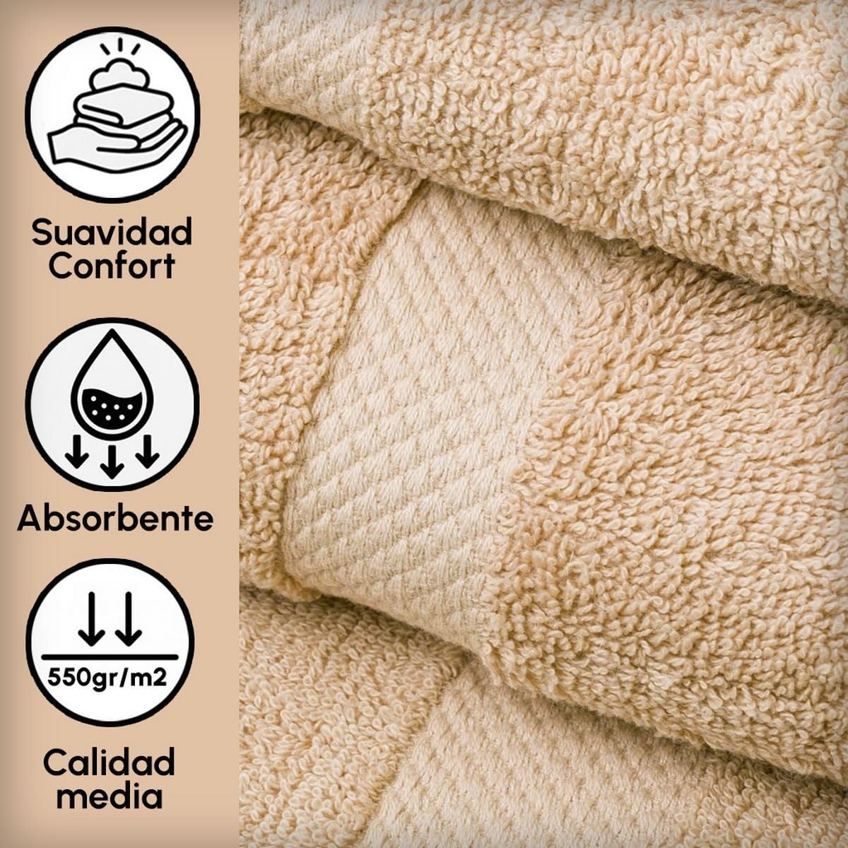Juego de 8 Toallas de Ducha Color Beige 100% algodón Rizo de 140x70 cm | Tejido suave de gran gramaje con alta absorción. Aptas para lavadora, de uso diario.