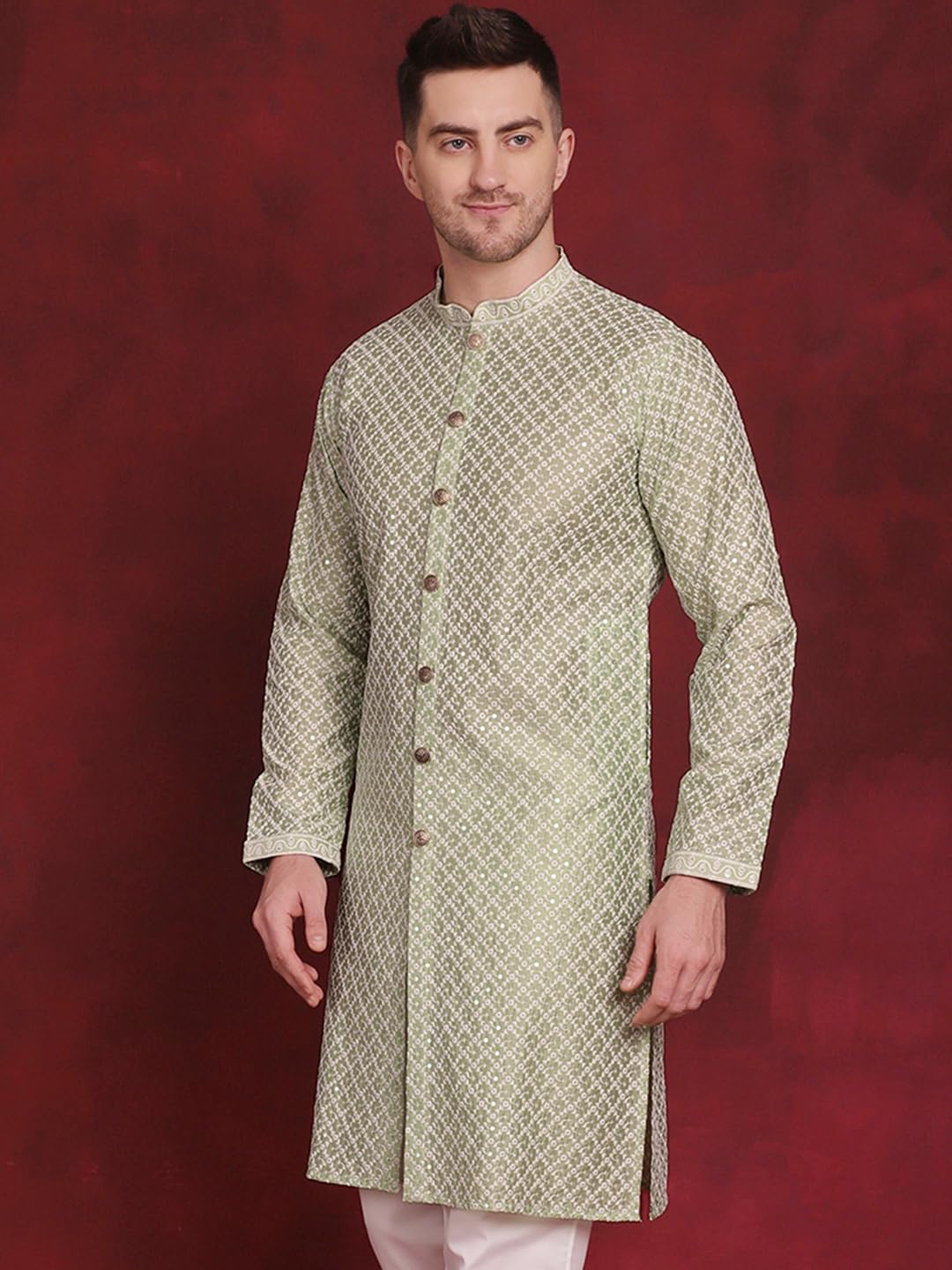 Jompers Men's Sequin Chikankari Front Open Kurtas (Pista, S)