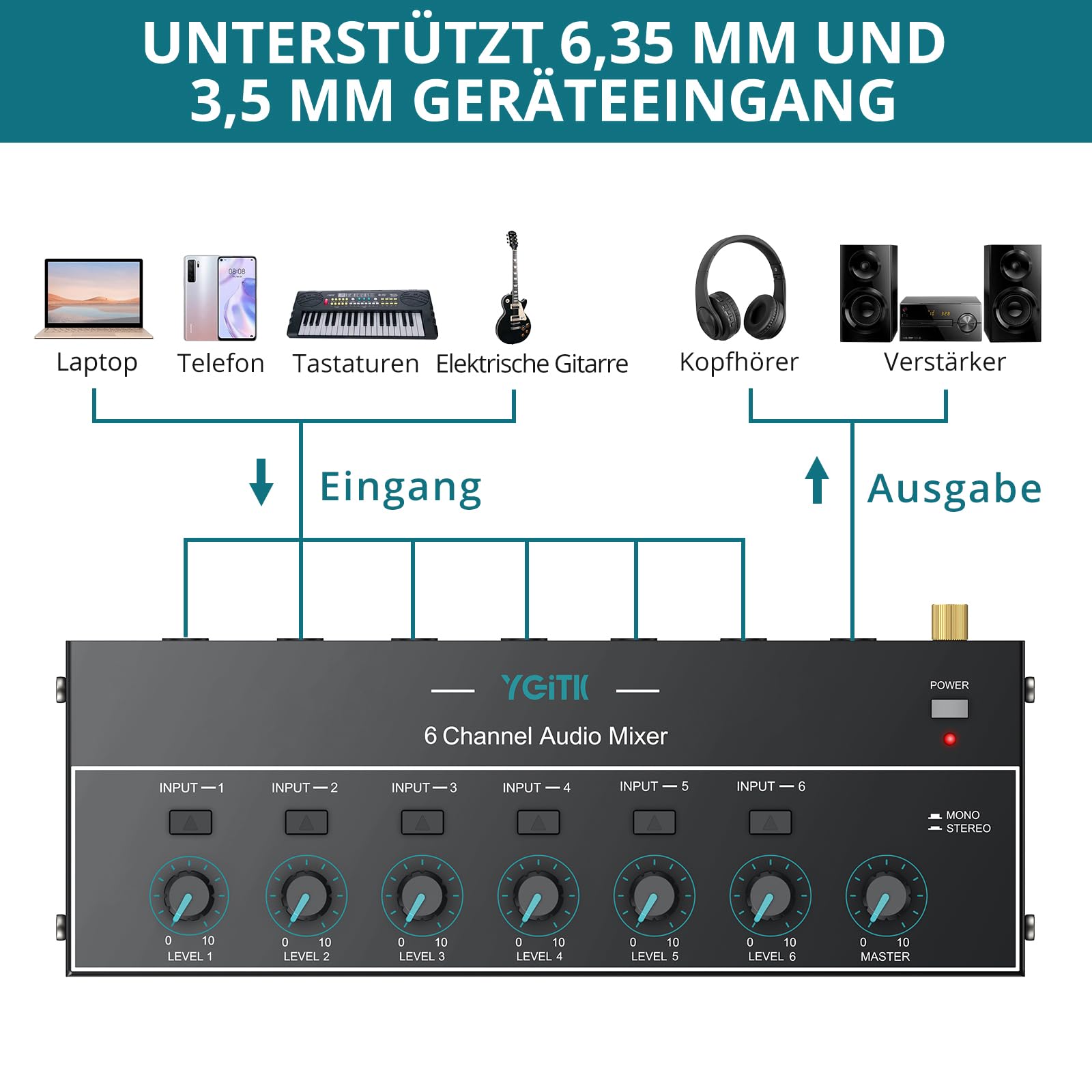 Audio Mixer 6 Kanal Stereo Audiomischer 6,35 mm+3,5 mm Mini-Audiomischer 6 Eingänge & 1 Ausgang, Type-C Aufladen, Ultra Niedrig Noise, mit Lautstärkeregelung