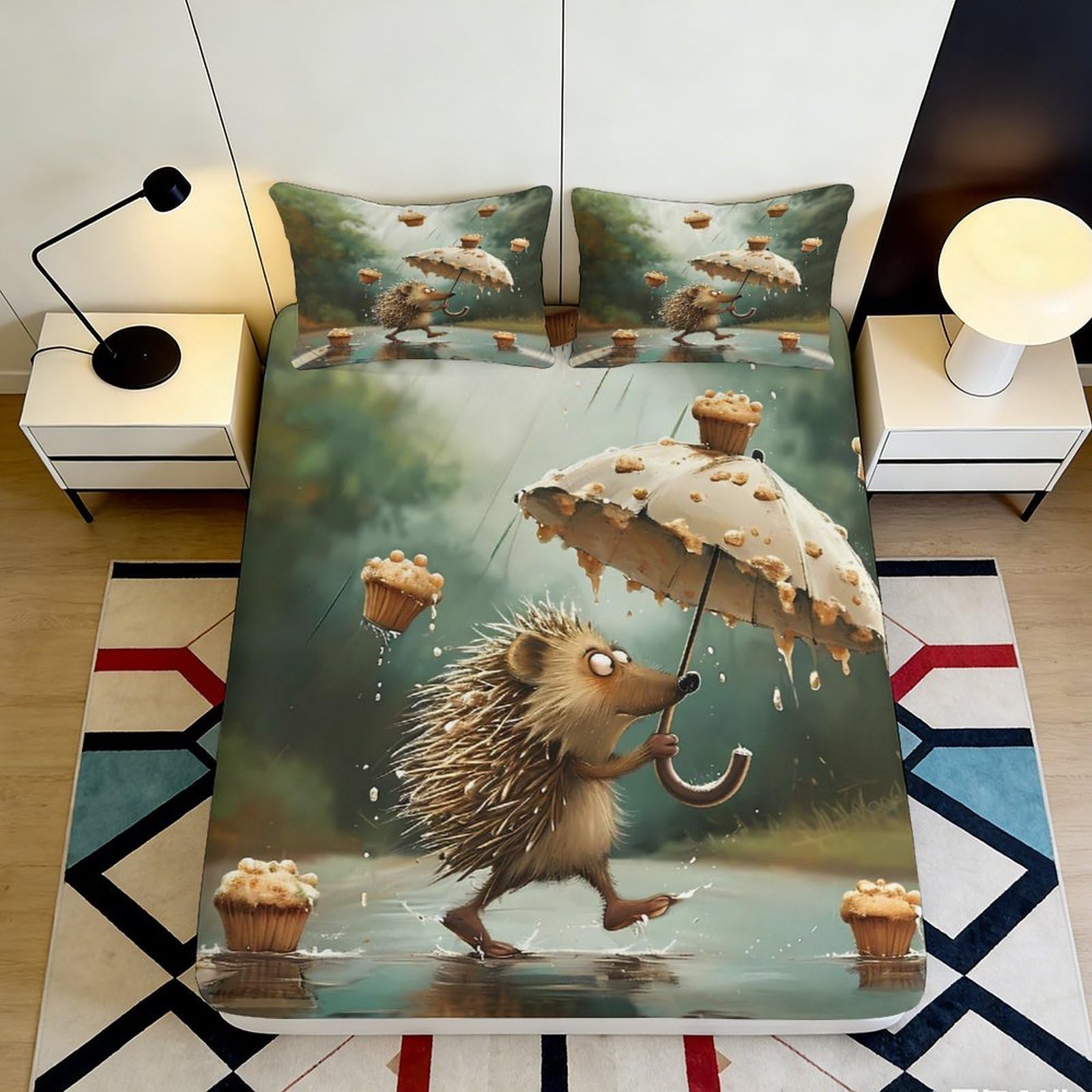 3D Printed Hedgehog Rainy Forest Fitted Sheet Microfiber Soft Bed Cover for Bedroom Dorm Mattress Decor 90x200x25cm