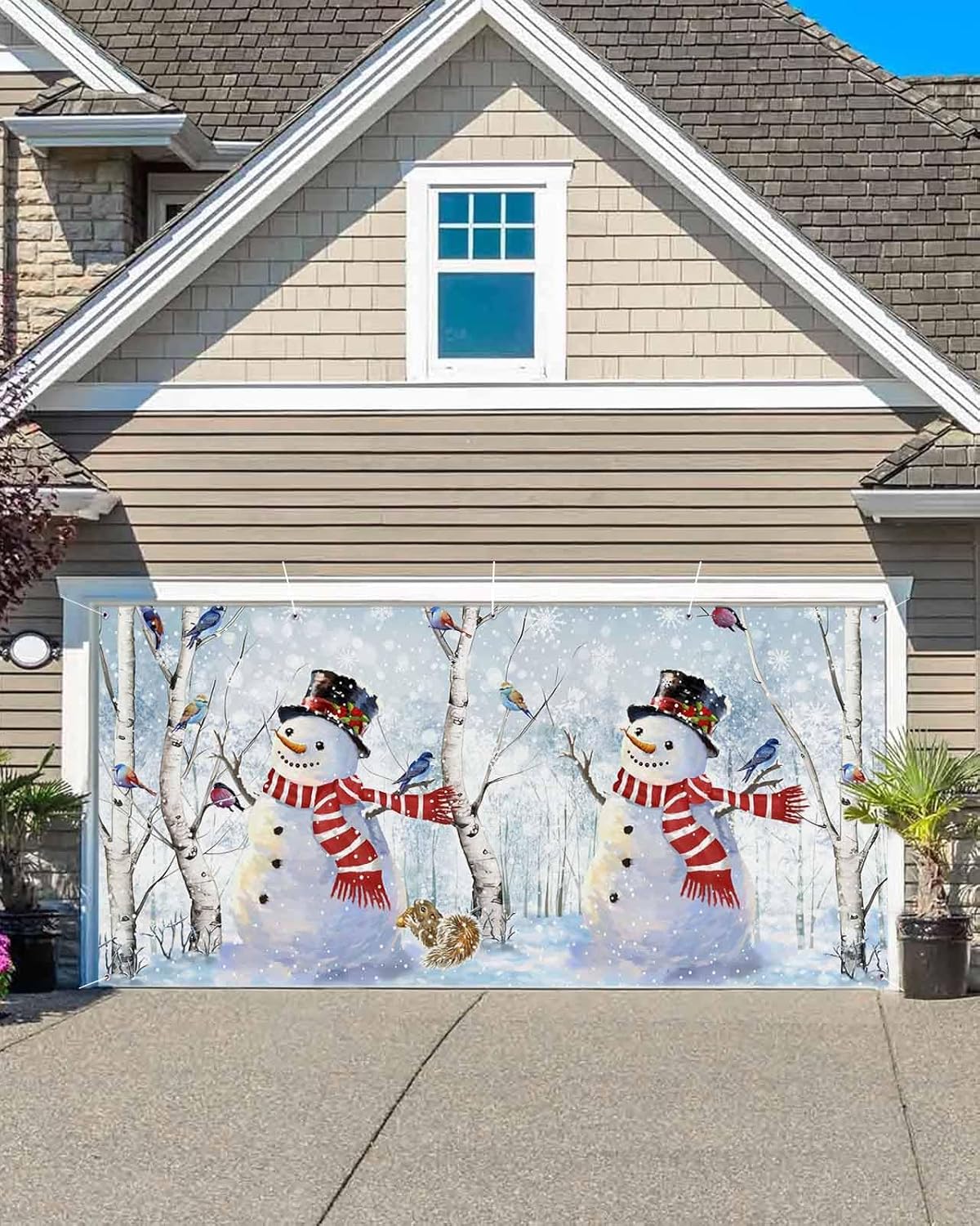 Christmas Snowman Garage Door Banner Cover Decorations, Large Outdoor Hanging Garage Door Covers Christmas Thanksgiving Halloween Wall Backdrop for Holiday Party, Winter Forest Xmas Tree Bird 6.8x8ft