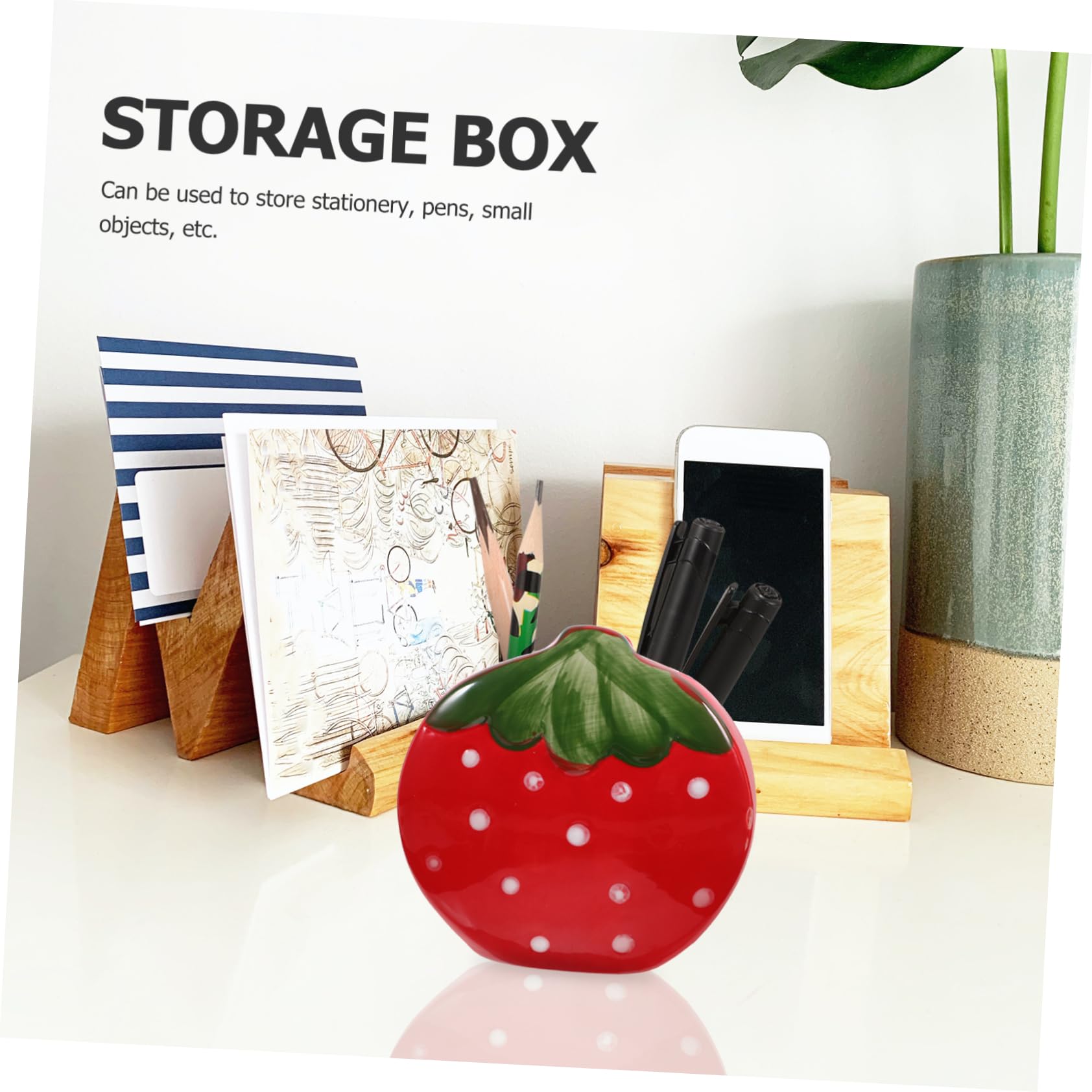 Uonlytech 3 Pezzi portapenne alla fragola Porta a matita da scrivania porta penna in stile semplice Porta di penna alla moda portapenne da ufficio per scrivania ceramica rosso