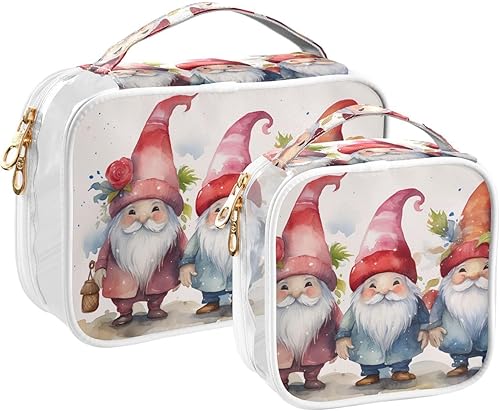 Neceser transparente de Navidad de gnomos de acuarela para viajar, paquete de 2 bolsas de cosméticos de maquillaje con cremallera, bolsa de viaje