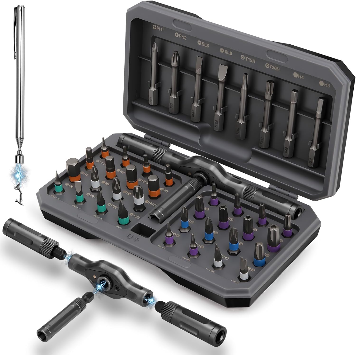 KELIN Magnetic Ratchet Screwdriver Set, 43 in 1 T Handle Ratchet Screwdriver Kits with S2 Steel Bits, Ratcheting Screwdriver for Home Daily Repair, DIY Projects, Ideal Gift for Men Husband