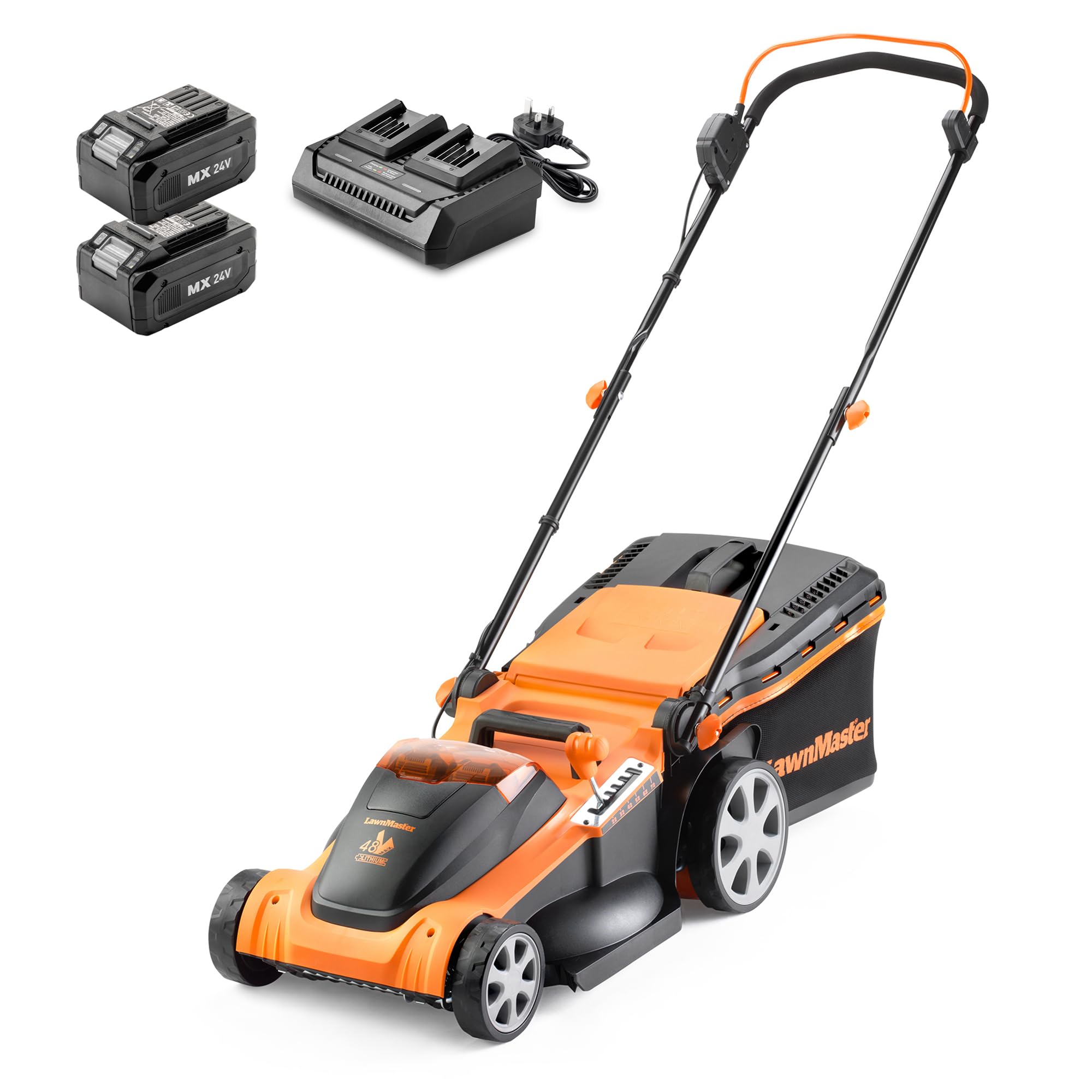 LawnMaster Cortacésped inalámbrico de 48 V y 41 cm con un Juego de Dos baterías de Iones de Litio MX 24 V 4,0 Ah, 2 Cargadores rápidos, Peine de Borde, Rodillo Trasero y función de mantillo.