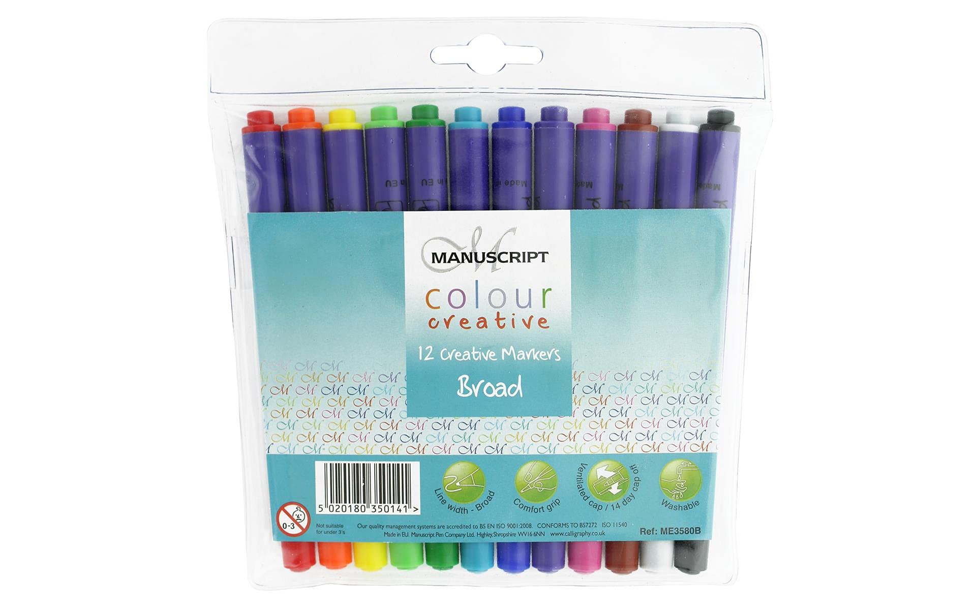 BROAD Nib Felt Tip Pens Manuscript 12 Assorted Colours Washable Ink Exam School