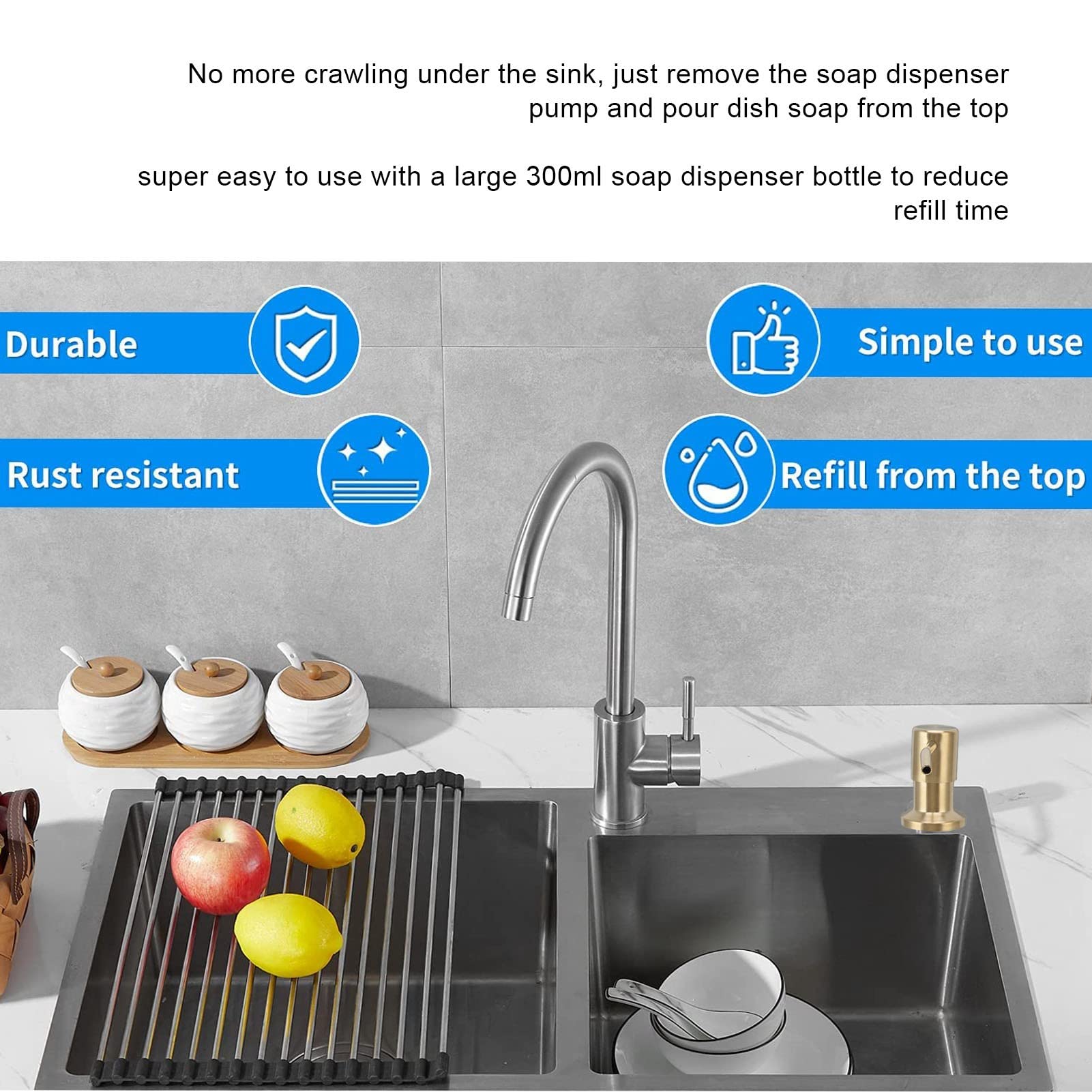 Sink Soap Dispenser, 300ml Built in Kitchen Sink Soap Dispenser Countertop Soap Liquid Bottle for Kitchen Sink(Gold) - Image 4