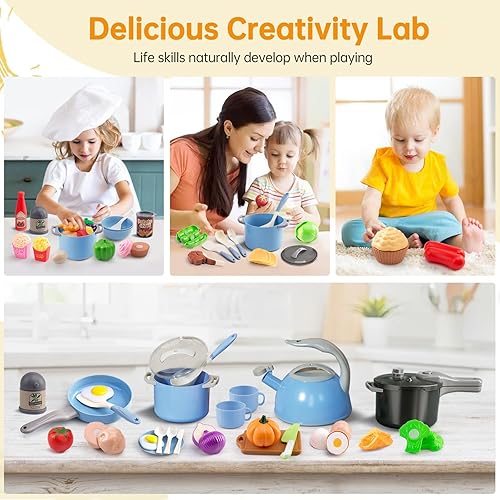 Miniatura 68 de Juego de cocina de 130 piezas, ollas de juego de cocina para niños, sartenes, utensilios de cocina, alimentos diarios, frutas y verduras, cesta