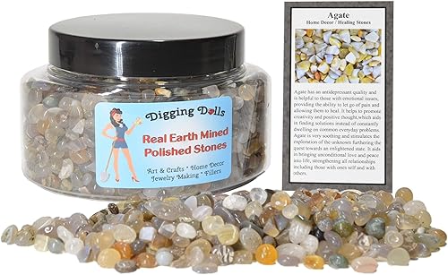 1 tarro de regalo (alrededor de 2 libras) de piedras de ágata pulida en fragmentos con tarjeta de información de piedra - rocas pulidas para