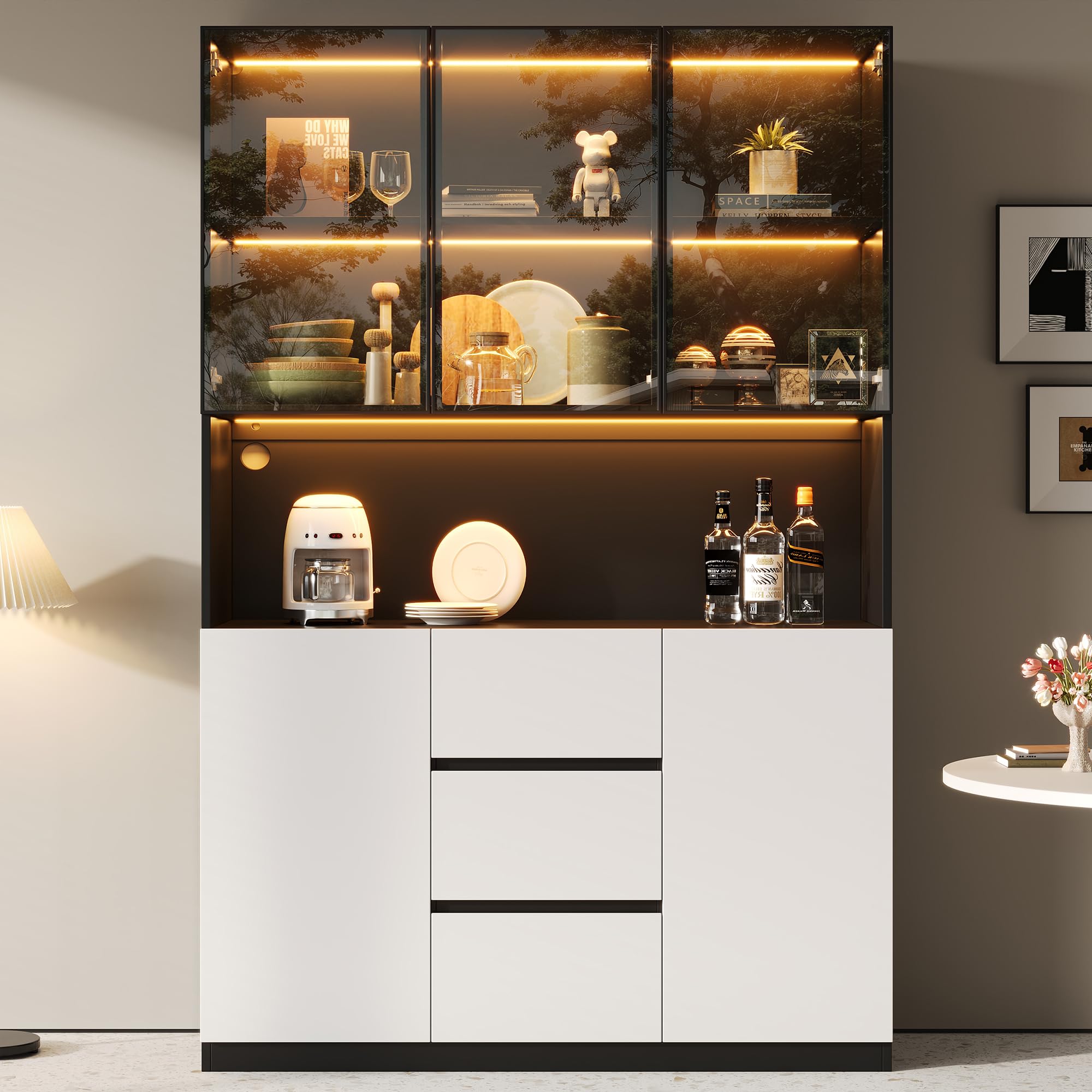 Dolamaní Armadio alto 120 × 40 × 200 cm, armadio da cucina, buffet con illuminazione a LED, scaffali aperti, 3 cassetti e 2 ante, vetrina in vetro, per soggiorno, sala da pranzo (bianco+nero)