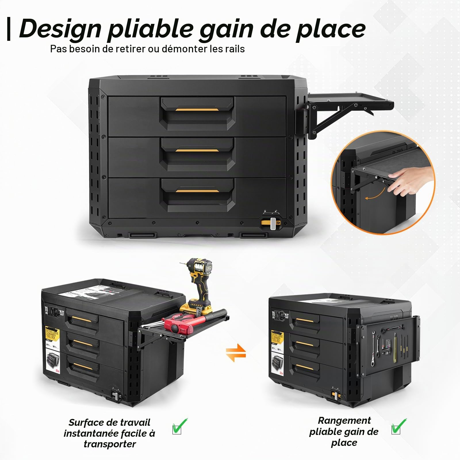 Table Magnétique Pliable Compatible avec Systèmes de Boîtes à Outils Type ToughBuilt – Poste de Travail Latéral Compact