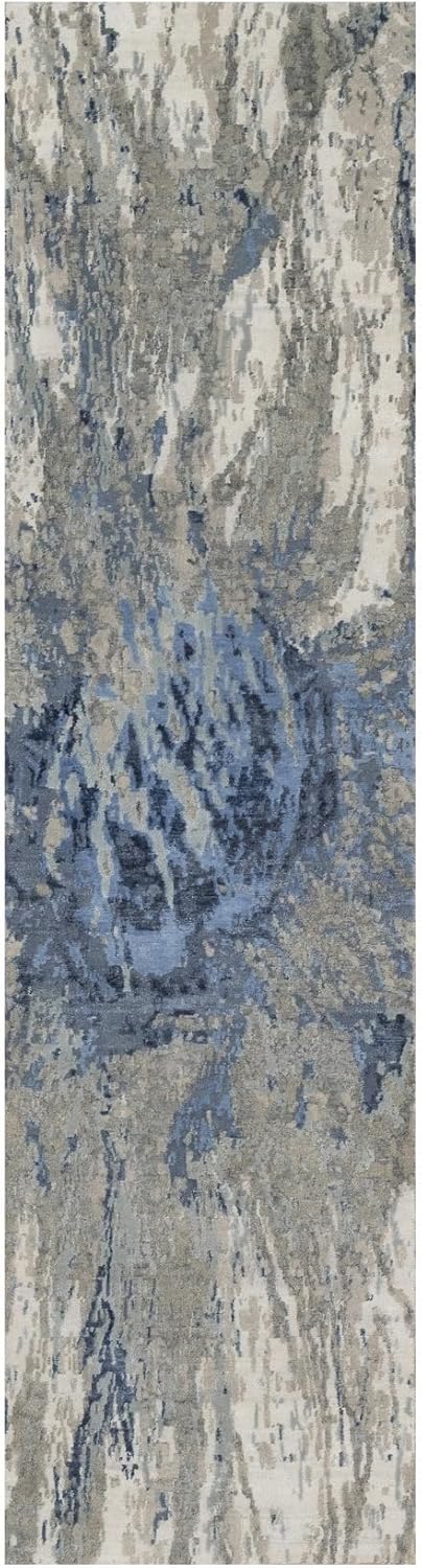 Abstract Design Hand Knotted Runner Rug, Gray and Blue, Wool and Silk, Hi-Low Pile, 2'7" x 10'2