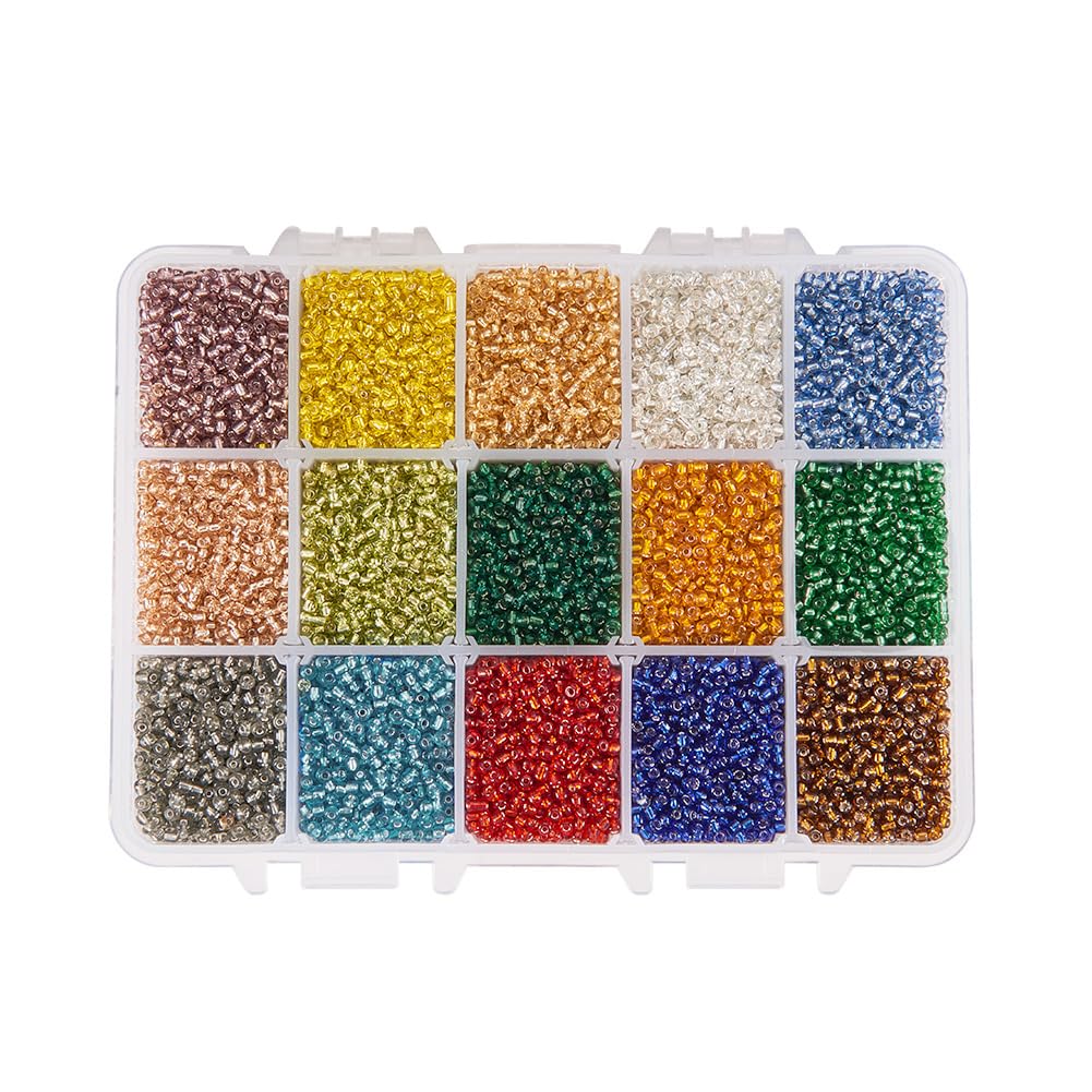 PandaHall 7500pcs 15 Color 8/0 Cuentas de Semillas de Vidrio 3mm Cuentas Forradas de Plata con Caja de contenedor para Hacer Joyas