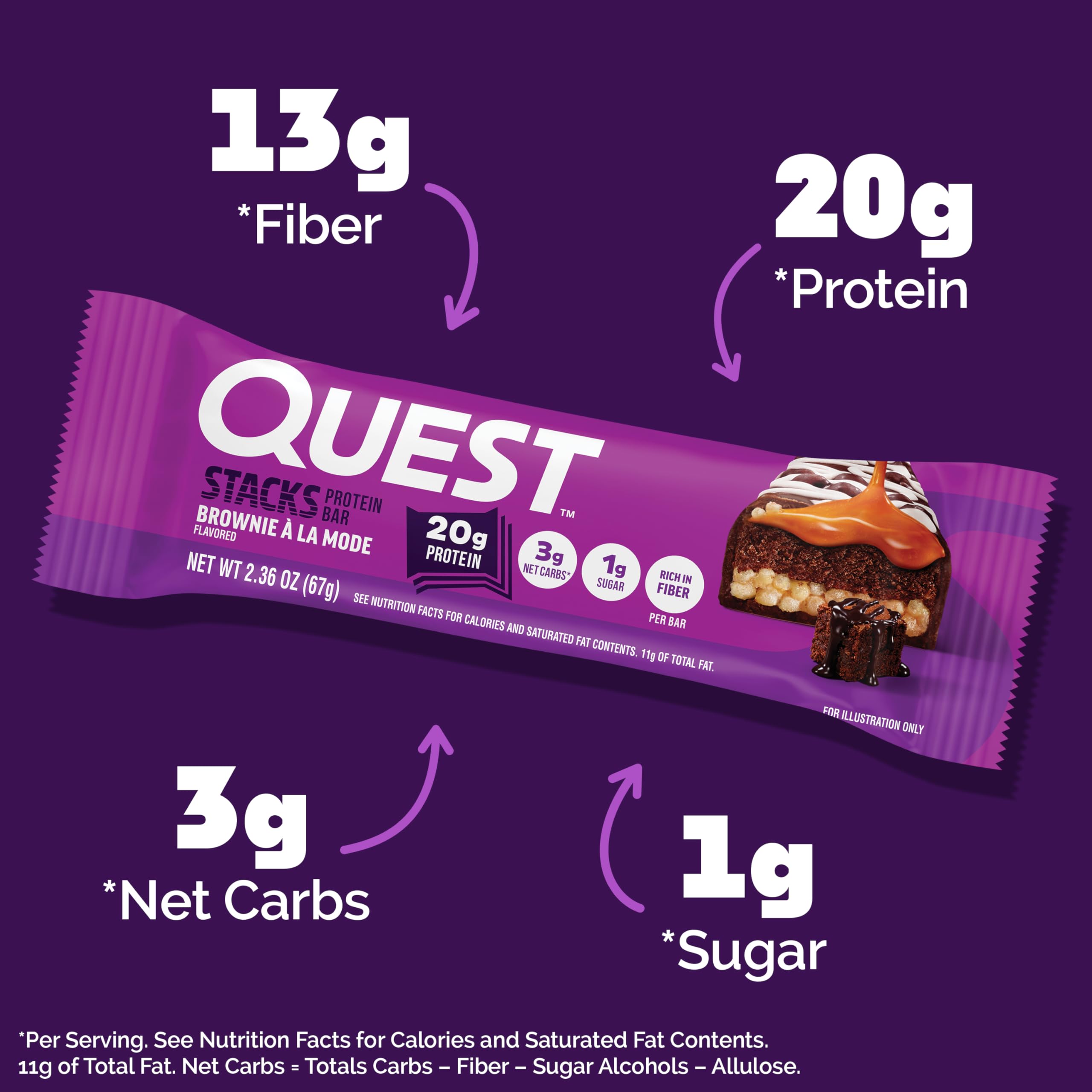 Quest Nutrition Stacks Protein Bars, Brownie a la Mode Flavor, 20g Protein, 3g Net Carbs, 1g Sugar, High Fiber, Low Sugar, Gluten Free, 12 Count — Amazon image 2