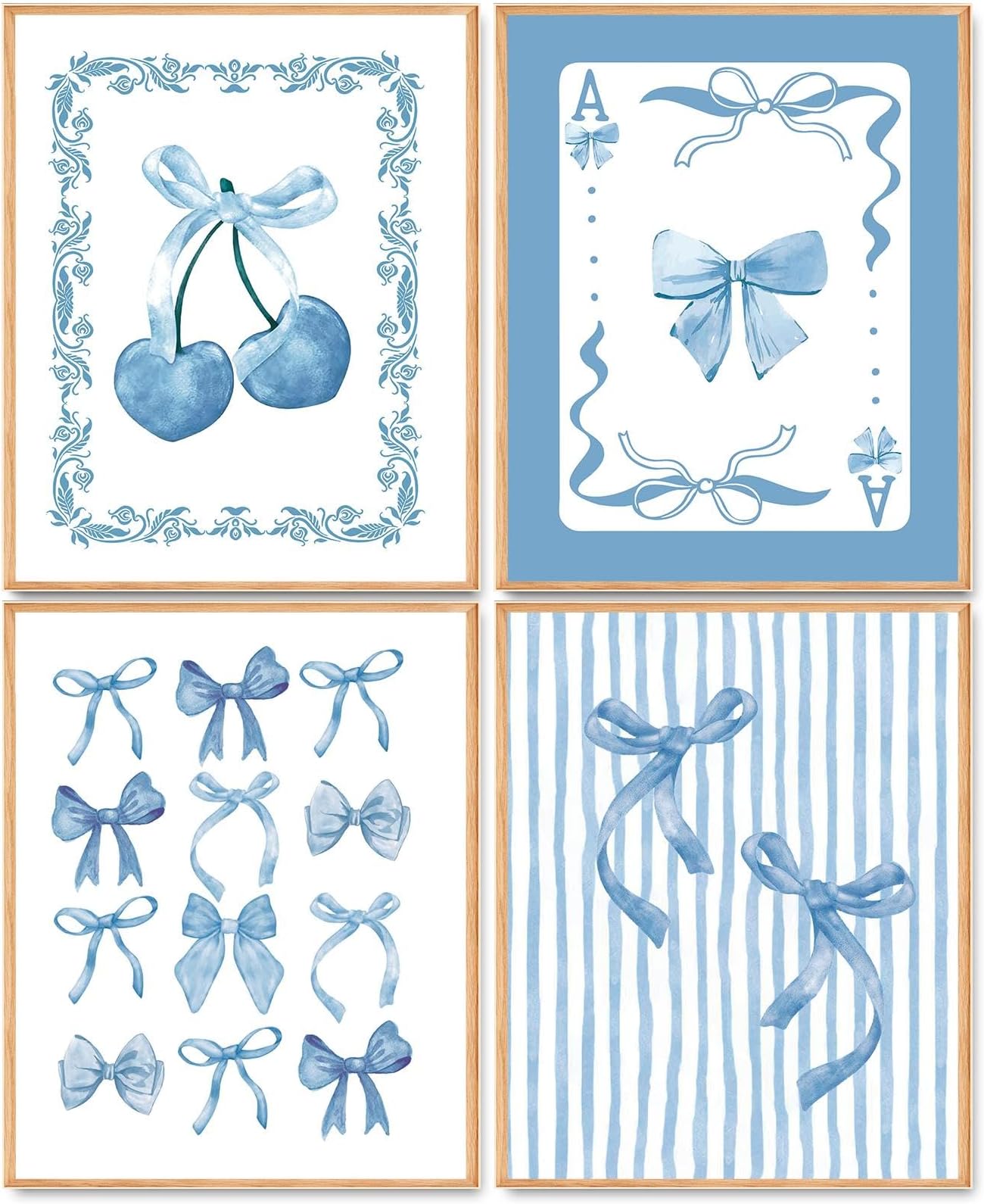 Hapons Coquette Blue Bow Wall Art Decor Posters, Trendy Blue Bow Cherry Teen Girls Room Bedroom College Bathroom Dorm Wall Art Prints, Light Blue Preppy Aesthetic Wall Decor Pictures Gifts 8''x10'' 4 PCS Unframed