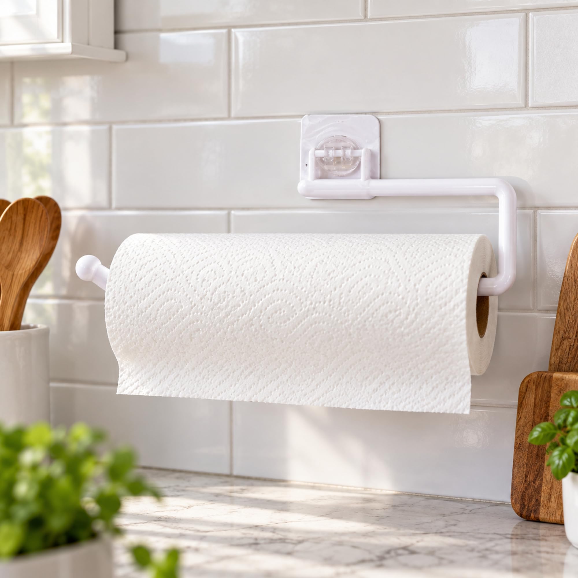 Plastic Wall-Mount Paper Towel Holder, Kitchen Roll Storage Rack for Keeping Cleaning Supplies within Easy Reach