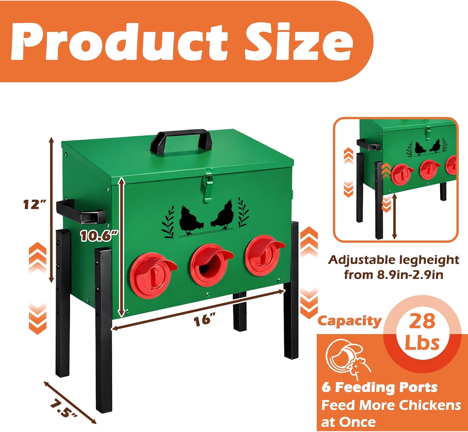 28 LB Large Automatic Chicken Feeder, No Waste Metal Poultry Feeder with 8 Ports, Weatherproof Outdoor Dispenser with Adjustable Legs & Locking Lid for Backyard Chickens, Green