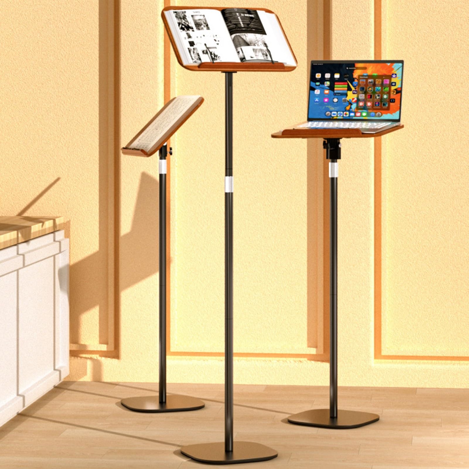 Leggio da Terra con fermapagine, Supporto per Libri da Comodino/Divano, Altezza Regolabile da 50 a 170 cm, per tavolette di spartiti Musicali (Bianco, 50-100 cm)