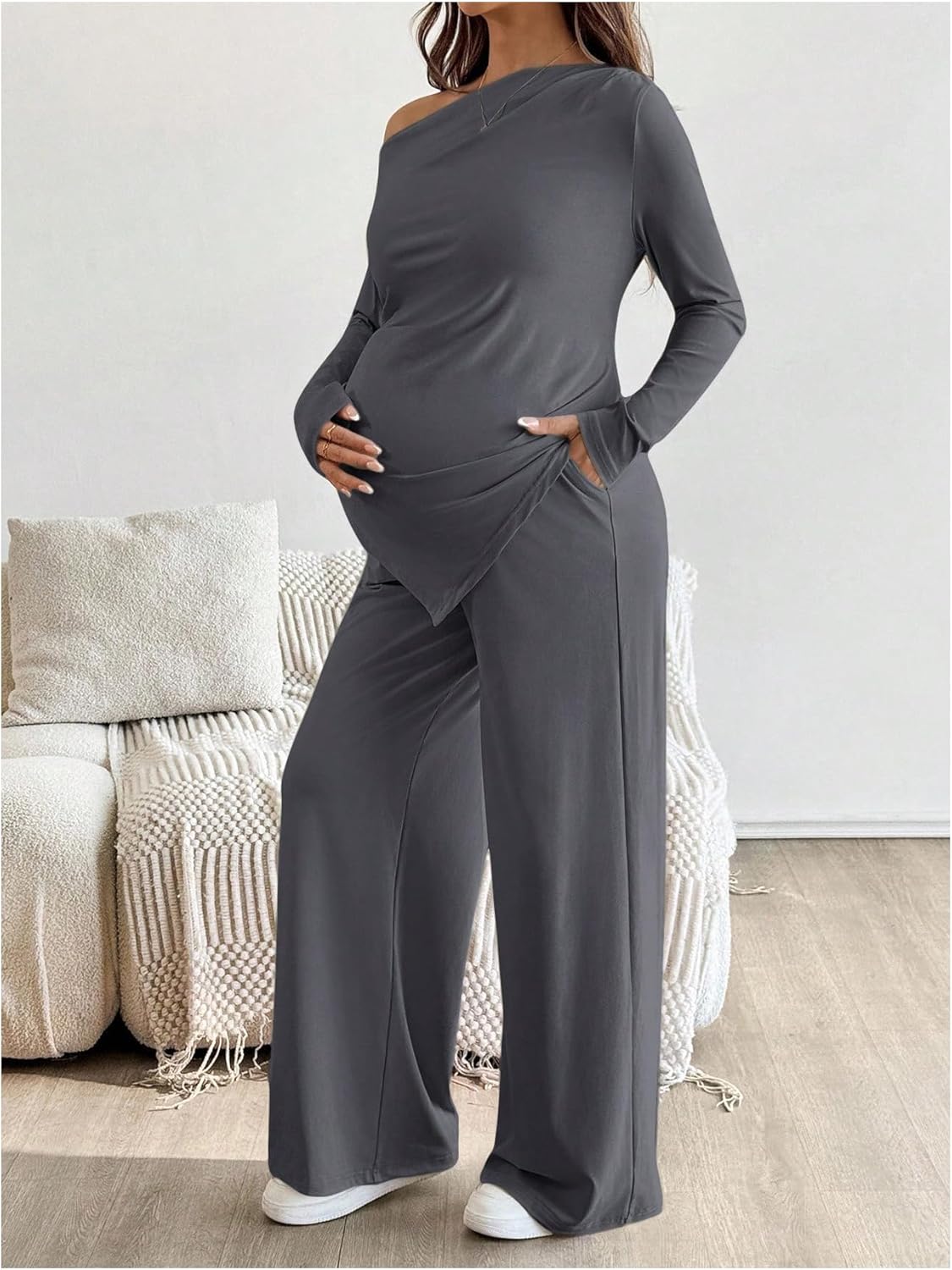 MakeMeChic Women's Maternity Clothes 2 Piece Spring Outfits Asymmetrical Top and Pants Matching Sets Grey Small