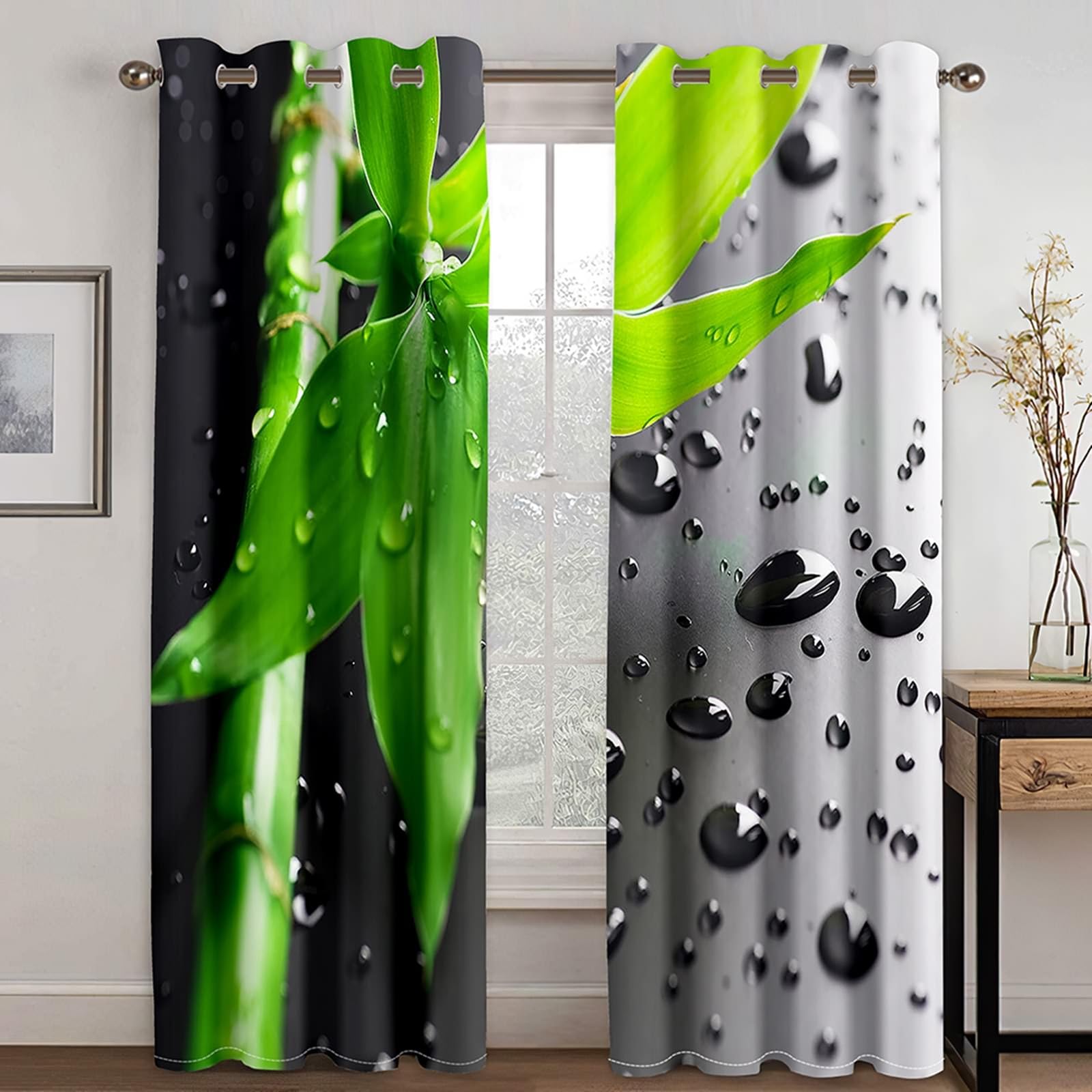 Schlafzimmer Vorhänge Modern, 234x214cm Grün Dunkelgrau Blatt- und Wassertropfenmuster Vorhang für Schlafzimmer/Wohnzimmer